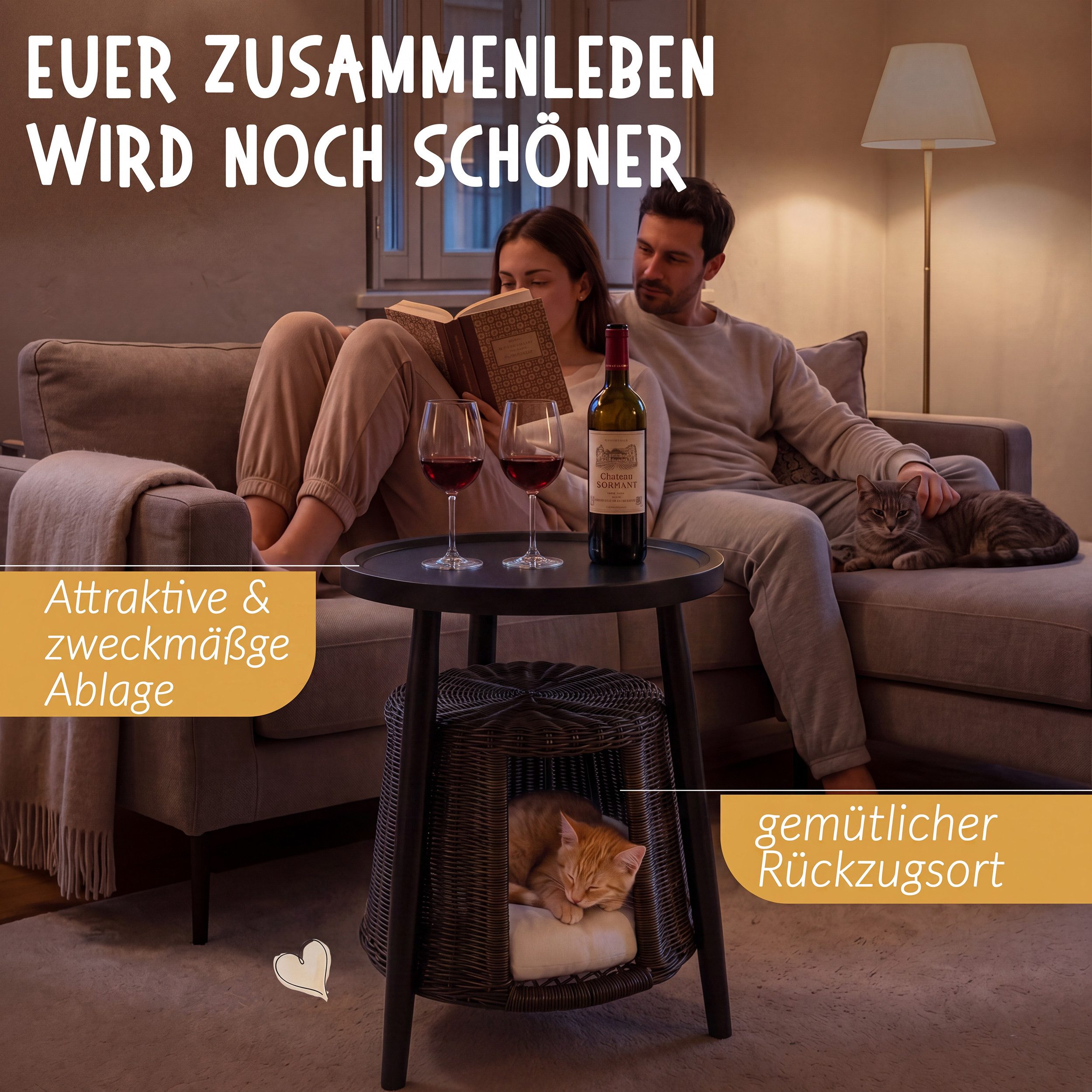 Petigi Tierhaus Couchtisch mit Katzenhöhle Beistelltisch Katzentisch Holz Rattan
