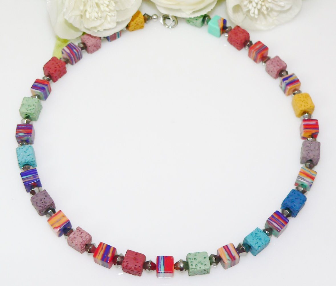 traumschmuck Kette ohne Anhänger 112a Würfelkette Collier Malachit Style Lava mehrfarbig (incl. Schmuckbox), handgefertigt, Made in Germany
