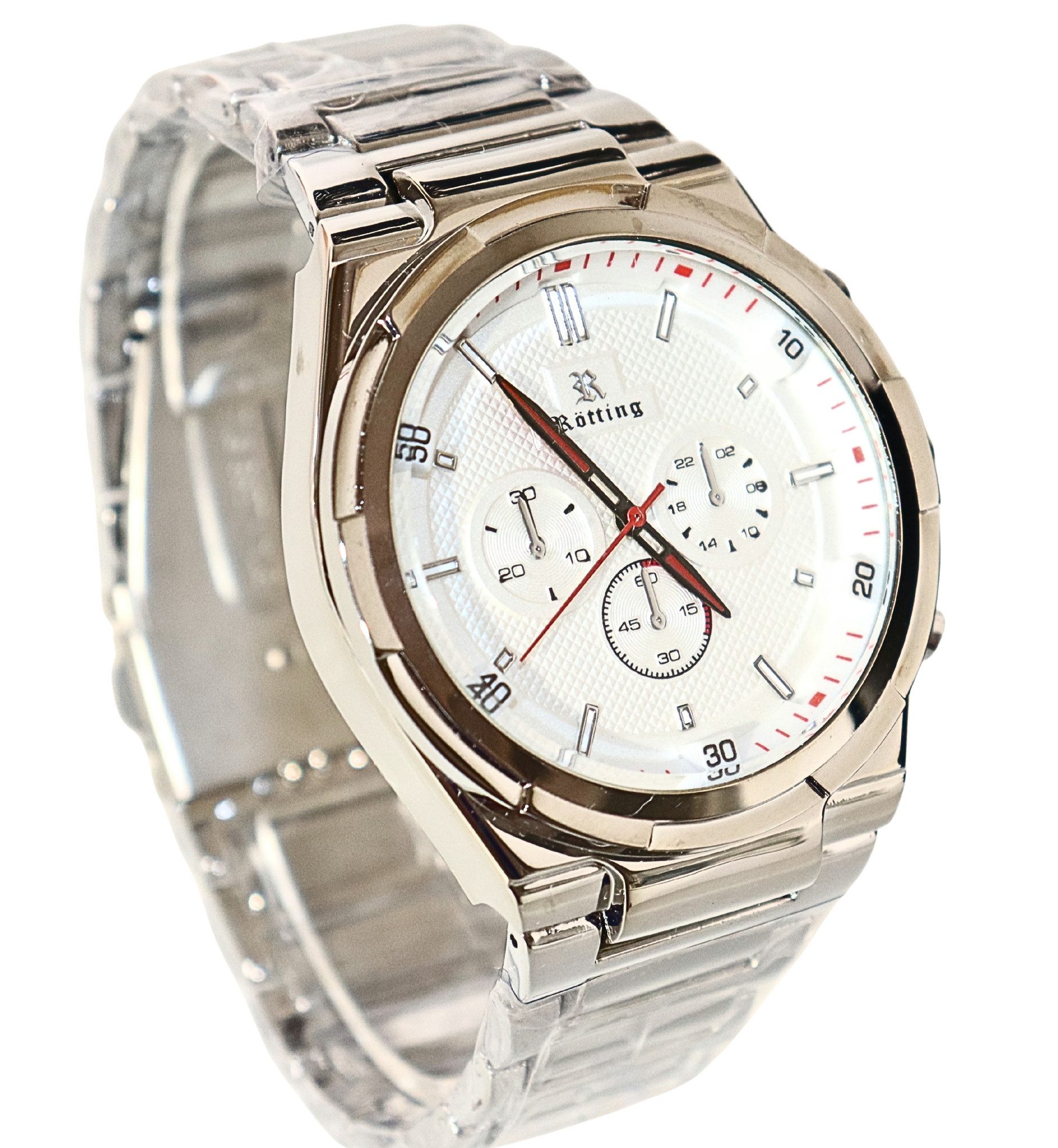 Rötting Design Quarzuhr Herrenuhr weißes Ziffernblatt in Chrono-Look Design silberfarben, aus der Collection "Rötting", Handgelenkumfang 18 bis 24 cm wählbar