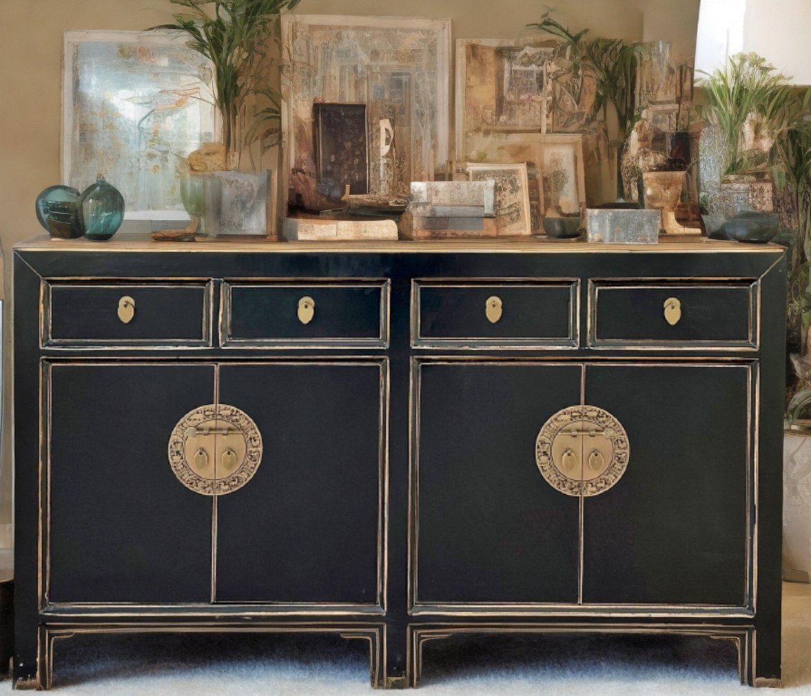 OPIUM OUTLET Sideboard Schrank Kommode Möbel asia orientalisch chinesisch (asiatisches Möbelstück aus Holz, dezenter Vintage-Stil), Breite x Tiefe x Höhe = 150 x 40 x 85 cm