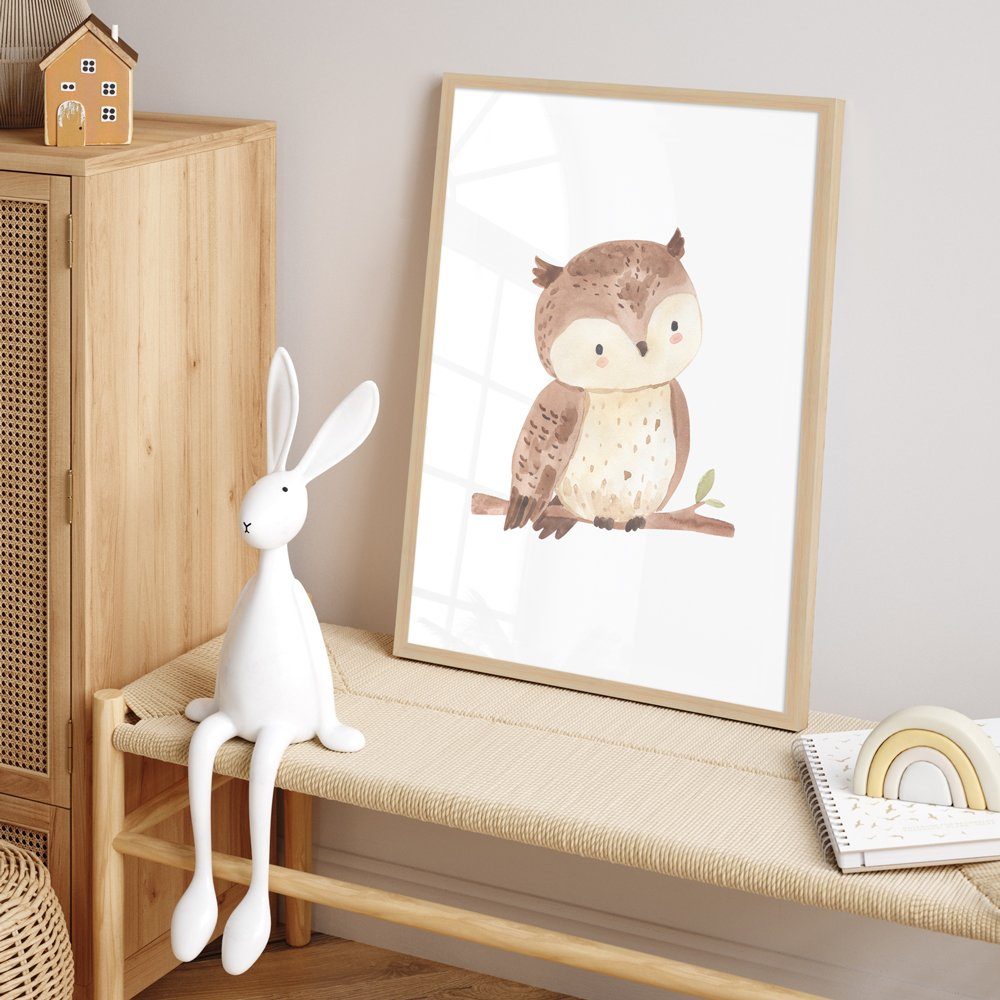 WANDStyle Bild mit Rahmen Eule, Aquarell Poster für Kinderzimmer