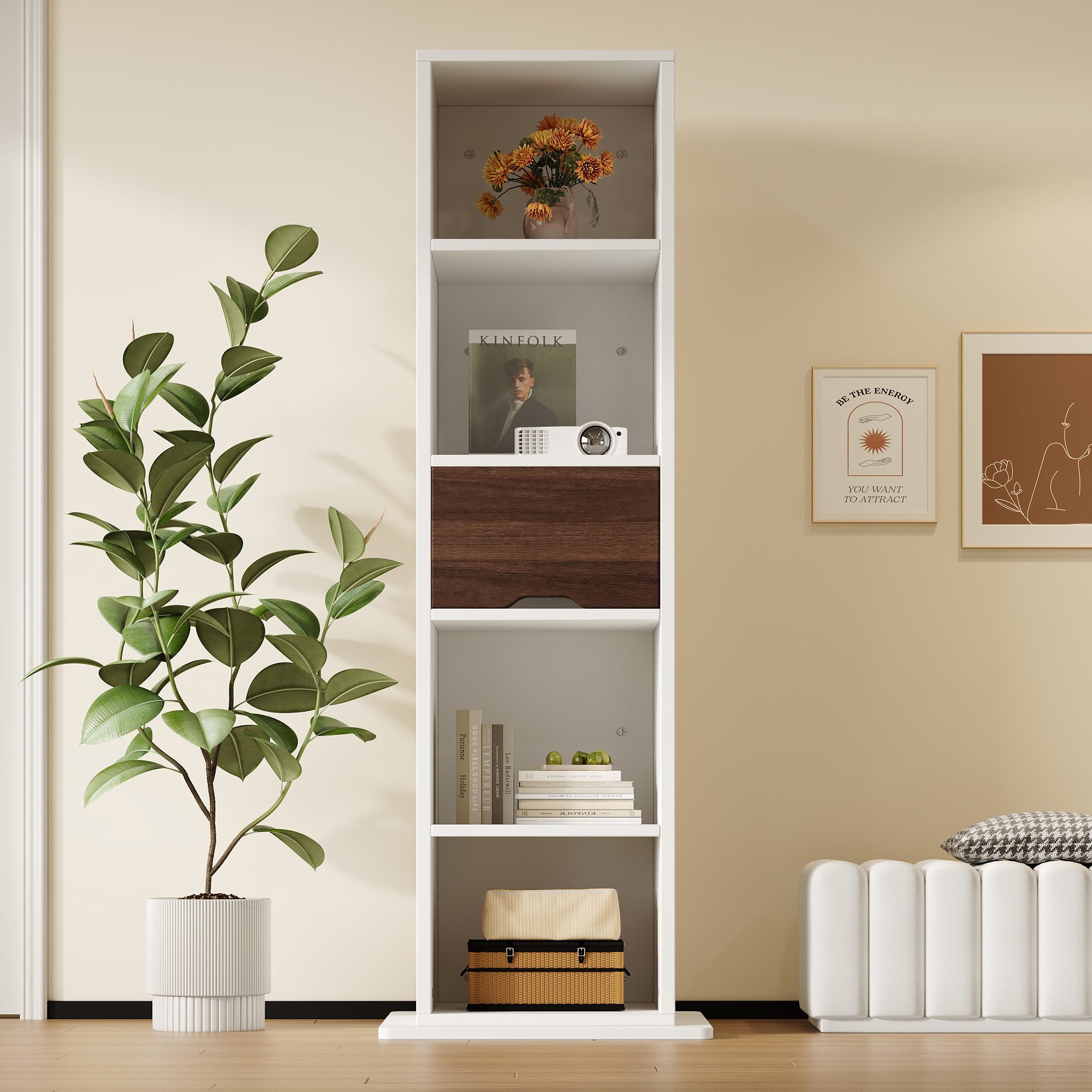 Flieks Hochschrank 360° drehbar Bücherregal Spiegelschrank, offene Fächern, Schublade (45×45×168 cm, Eckschrank Wohnzimmerschrank mit Ganzkörperspiegel, 1-St., Weiß & Walnussholzfarbe) multifunktional Standspiegel Mehrzweckschrank Standvitrine, 4 Ebenen
