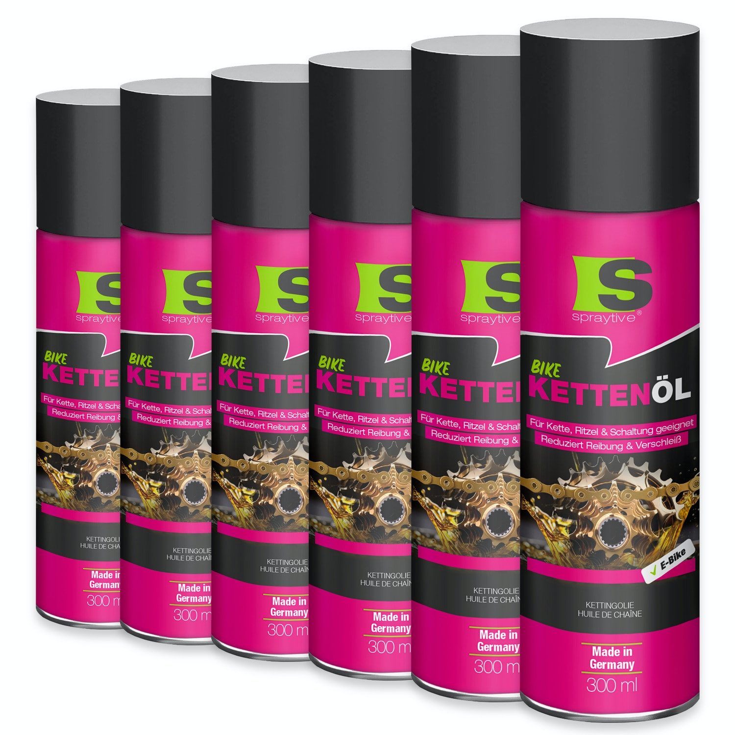 Spraytive Fahrradöl 6x 300ml Kettenöl-Spray - für Fahrrad & E-Bike - Fahrradkettenöl, schützt Kette, Ritzel & Schaltung