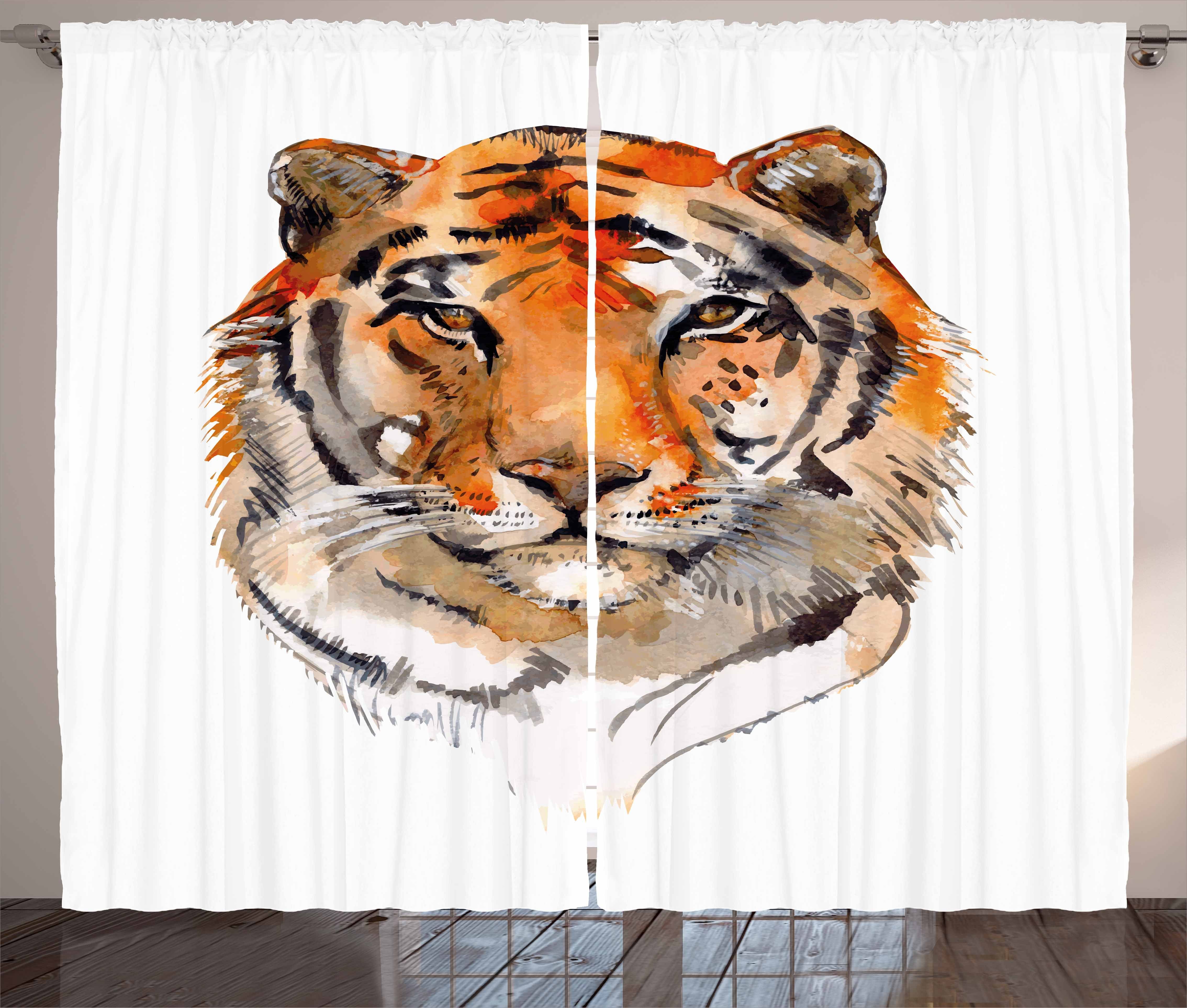 Gardine Schlafzimmer Kräuselband Vorhang mit Schlaufen und Haken, Abakuhaus, Tiger Beruhigen Stare Aquarell-Kunst | Fertiggardinen