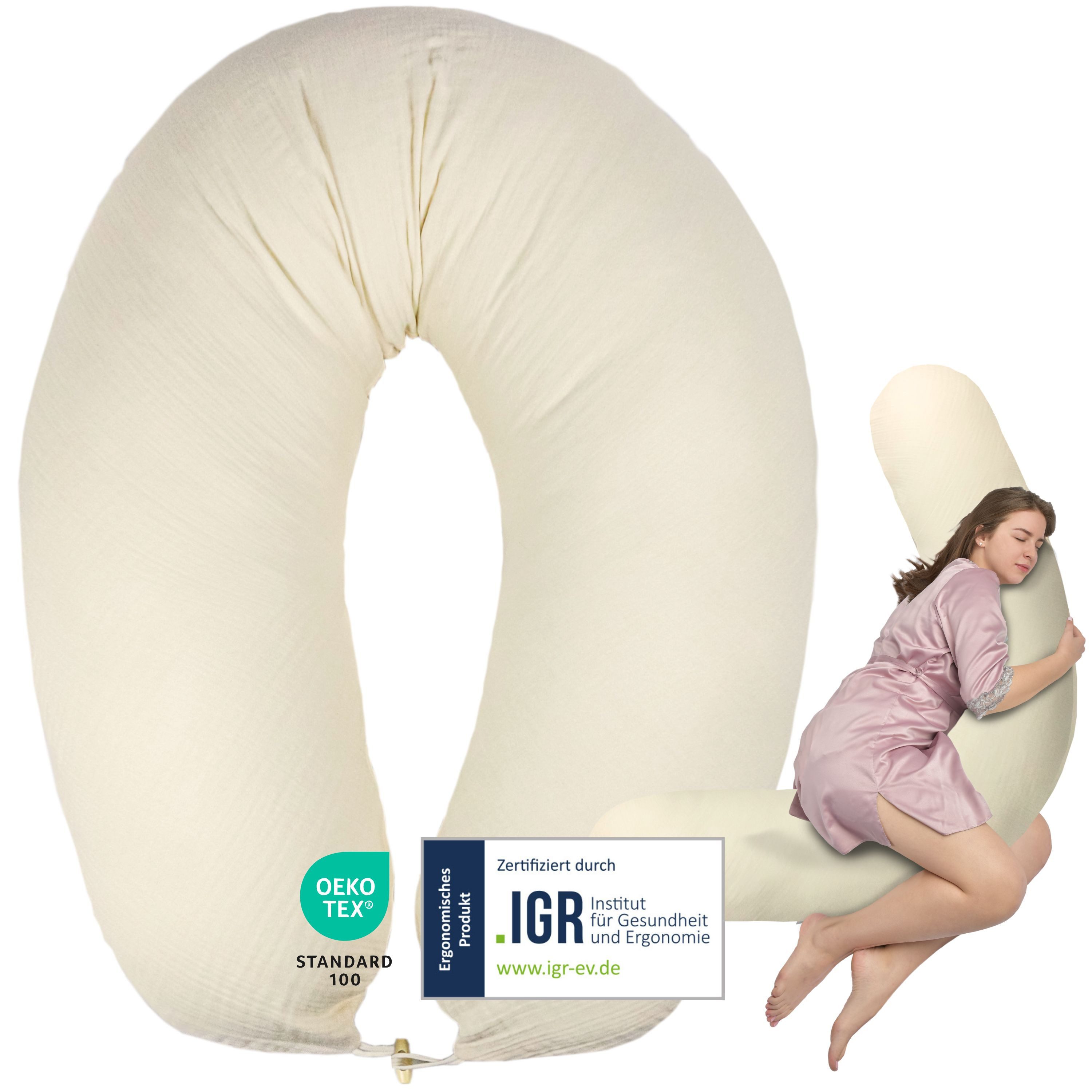 SEI Design Stillkissen Seitenschläferkissen XXL Babynest - Baby Erstausstattung Neugeborene, Schwangerschaftskissen mit Bezug, Mikroperlen, Musselin BIO Baumwolle