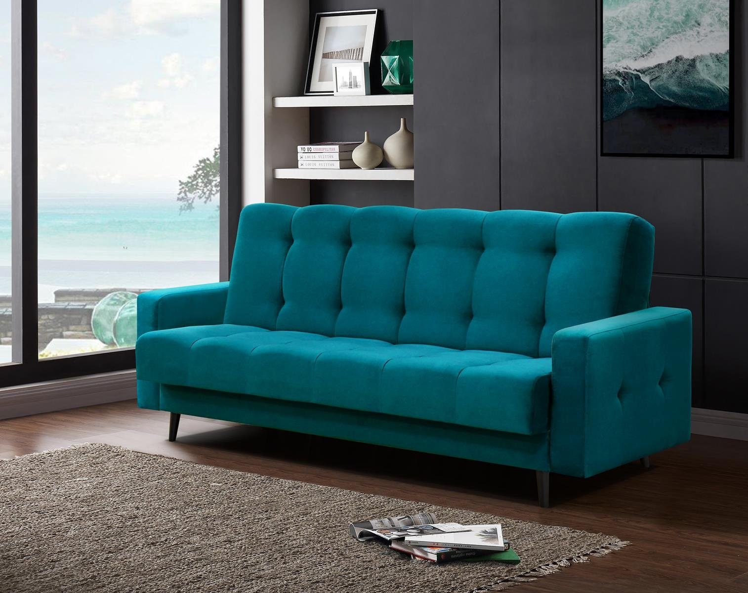 Beautysofa Schlafsofa Nancy BIS, mit Relaxfunktion, Bettkasten, Sofa mit Holzbeine, Velours-Bezug Hellblau (kronos 13)