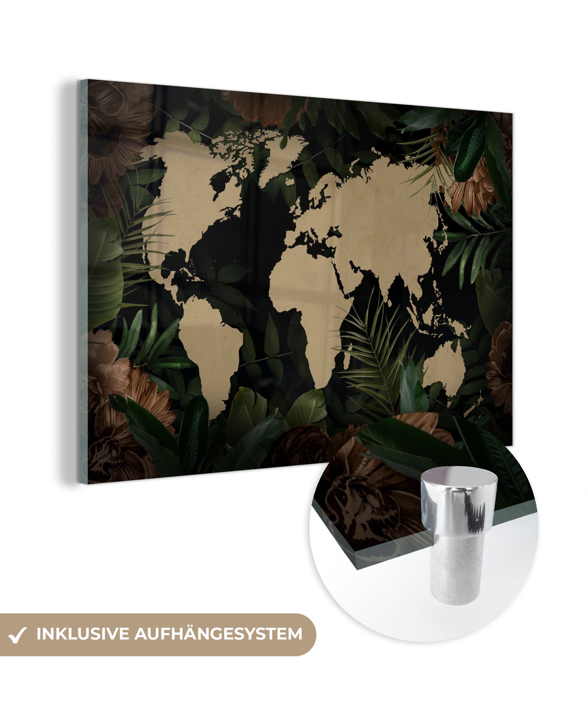 MuchoWow Acrylglasbild Weltkarte - Blätter - Tropische Pflanzen, (1 St), Glasbilder - Bilder auf Glas Wandbild - Foto auf Glas - Wanddekoration
