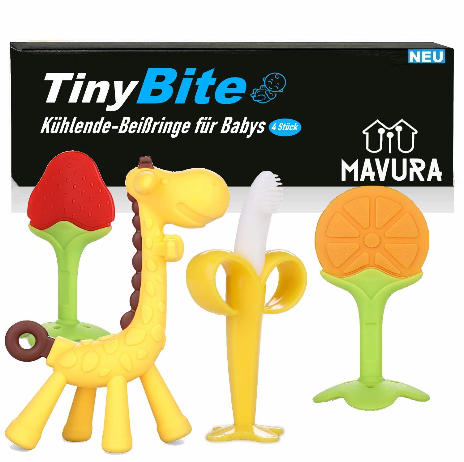 MAVURA Beißring TinyBite Kühlende Beißringe für Babys Beissring Zahnungshilfe, Tiere kühlend BPA-frei [4er Set]