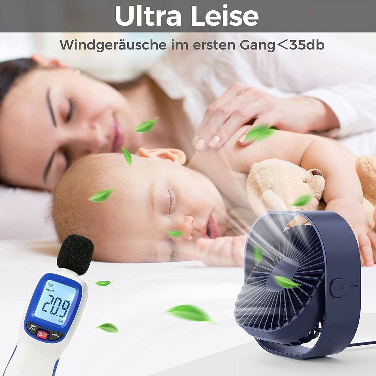 autolock starkem Luftstrom,Desk Leise Mini Drehung Lüfter USB 3 Speed, USB Mini Fan 360° USB Dunkelgrau USB-Ventilator Tischventilator Tragbarer Ventilator