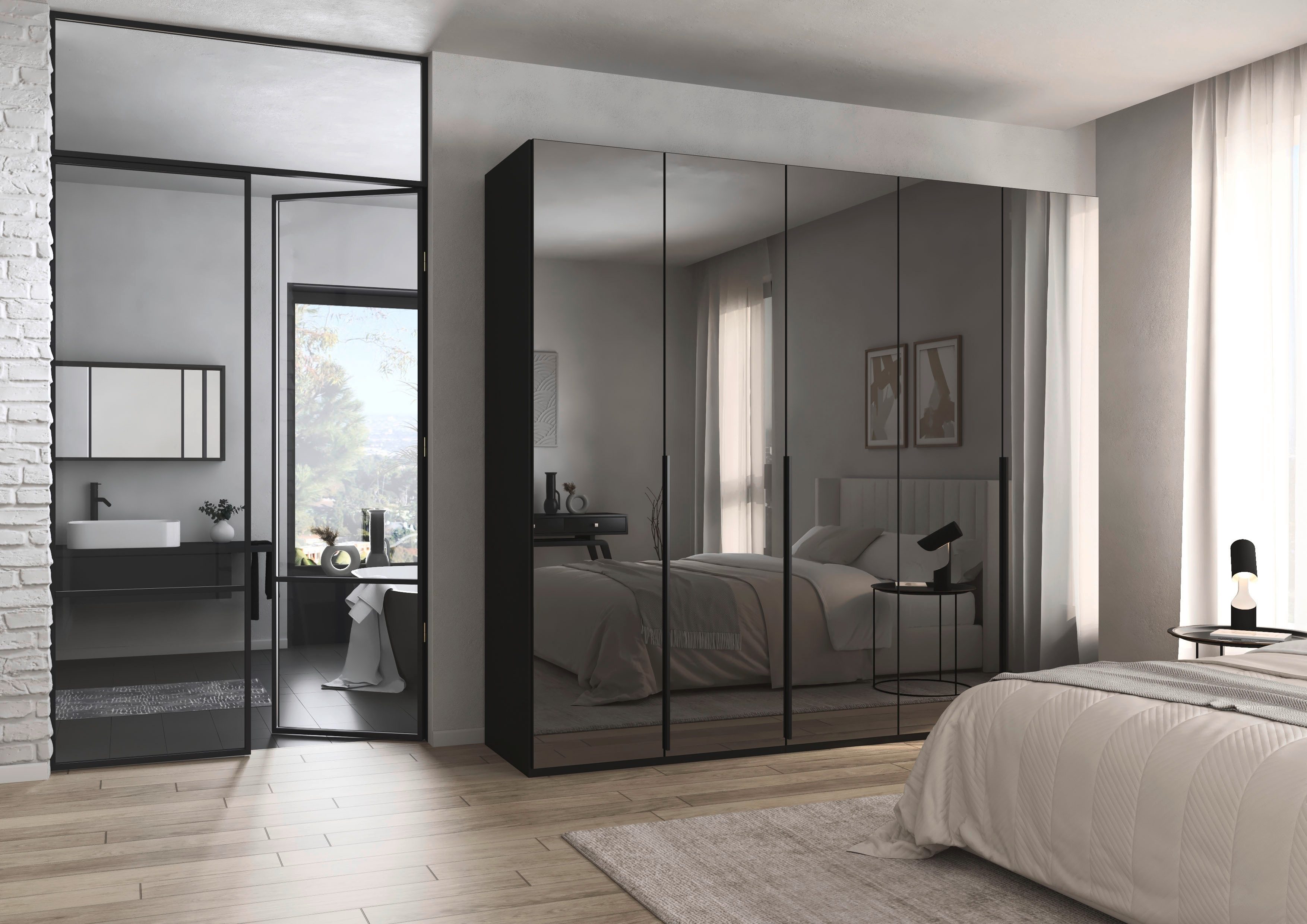 rauch Drehtürenschrank Kleiderschrank Schrank Garderobe Wäscheschrank BESTSELLER MONTCLAR (3 Ausstattungen BASIC/CLASSIC/PREMIUM (SOFT-CLOSE), Breiten 201-400 cm) Front in Glas/Hochglanz/Dekor/Grauspiegel in 5 Breiten MADE IN GERMANY