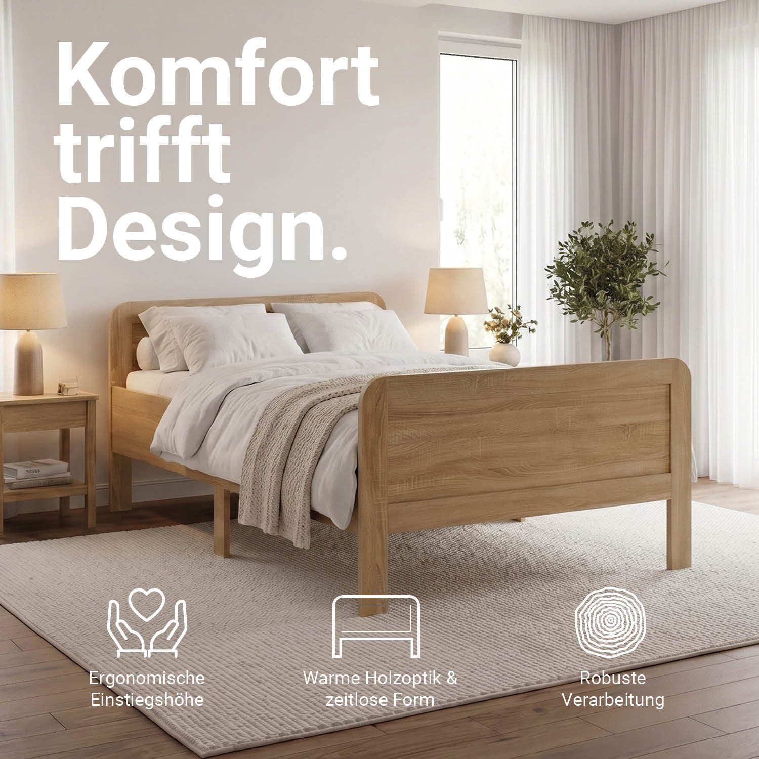 Homestyle4u Funktionsbett 90x200 100x200 120x200 Holzbett Seniorenbett Komfortbett Braun Weiß, 140x200, Aufbau per Stecksystem, höhenverstellbar, erhöhter Einstieg