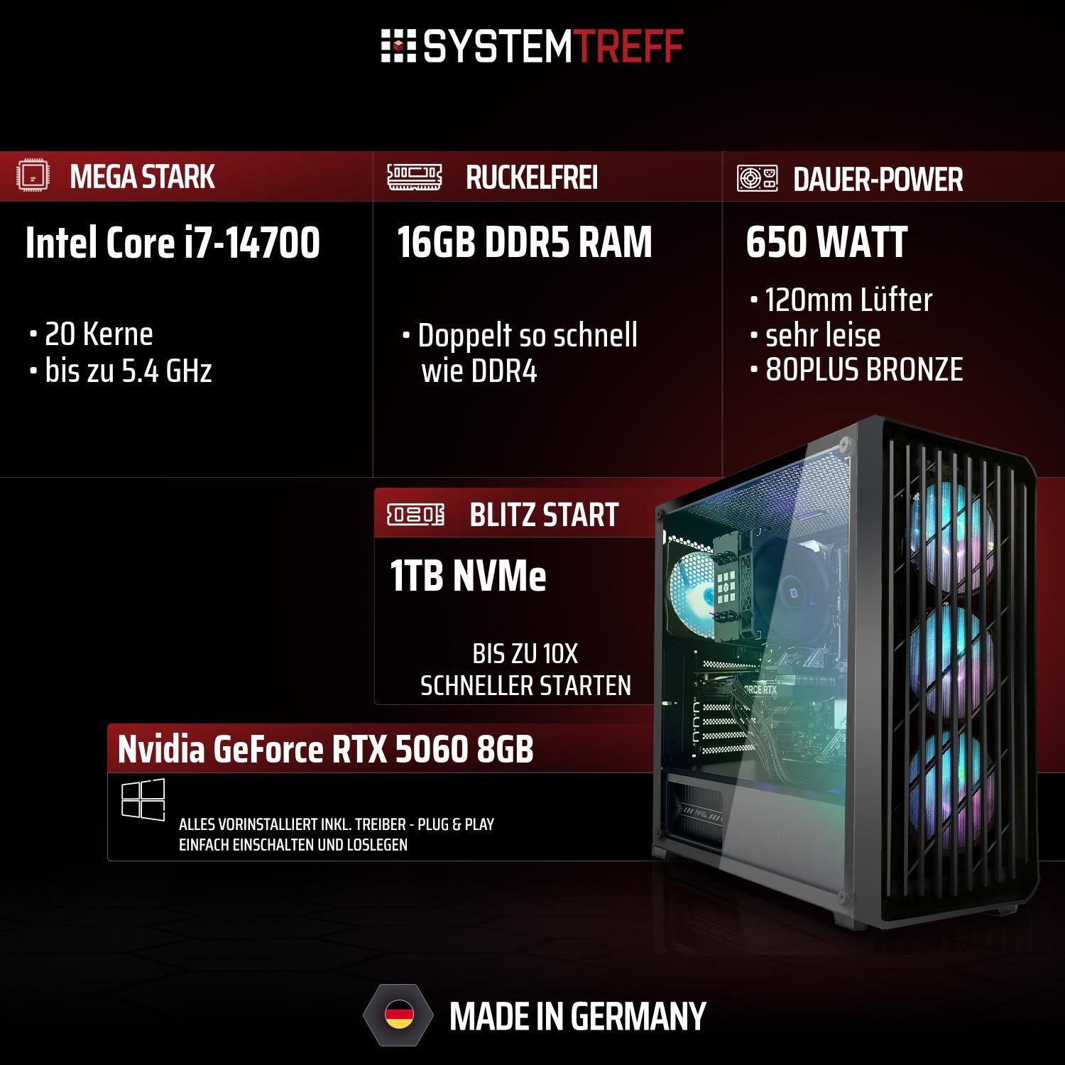 SYSTEMTREFF Intel Core i7-14700 mit Nvidia GeForce RTX 5060 8GB Gaming-PC (Intel 14700 14700, Nvidia GeForce RTX 5060, 16 GB RAM, 1000 GB SSD, Luftkühlung)