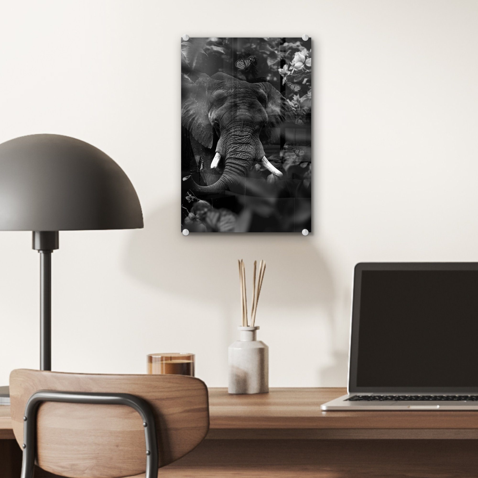 - Elefant schwarz Glasbilder MuchoWow - Dschungel bunt Foto Wandbild auf St), - und weiß, Acrylglasbild Wanddekoration Bilder (1 im Glas und auf Schmetterlinge Glas -