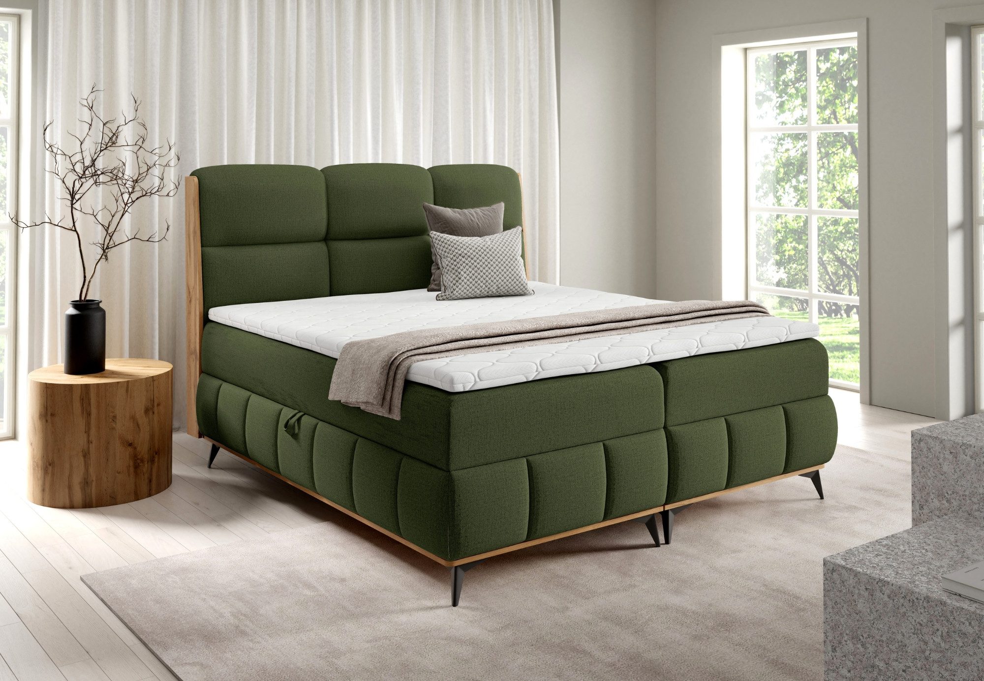 Home Collective Boxspringbett Polsterbett Doppelbett Bett mit Stauraum und Topper (Verfügbare Größen:120x200, 140x200, 160x200, 180x200, 200x200 cm), komfortable Liegehöhe edles Design mit Holzdetails Grün