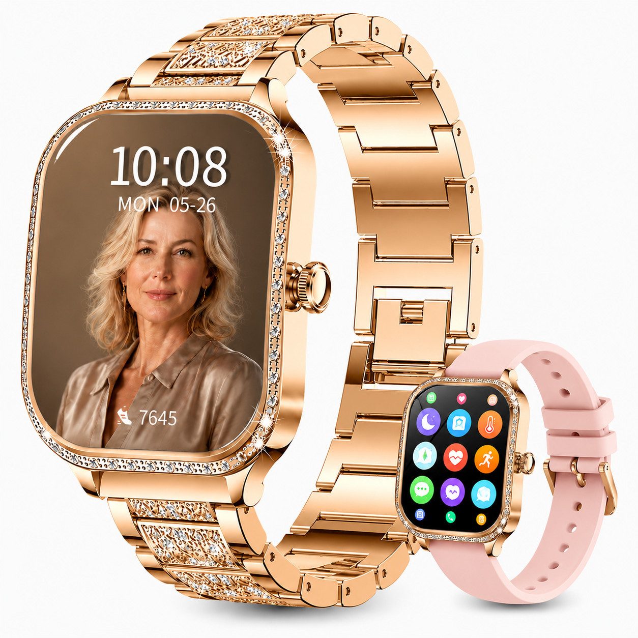 ibettertec Smartwatch Damen, elegante Fitnessuhr mit Telefonfunktion, Smartwatch (4,45 cm), Aktivitätstracker mit Metallarmband für Business, Alltag und Sport, 1,75″ Touchdisplay, BT 5.2, 220 mAh, IP68, 100+ Sportmodi, 2 Armbänder