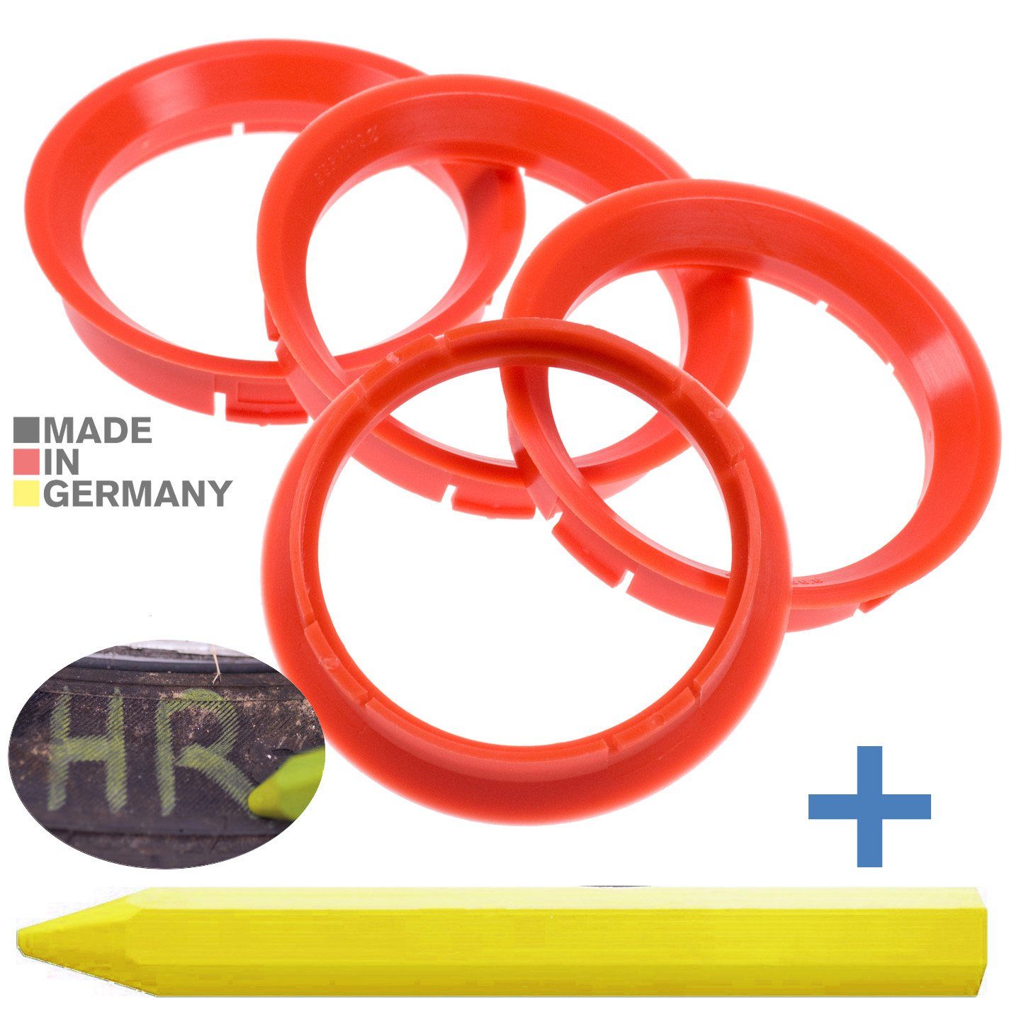 BRANDT AUTOMOTIVE Reifenstift 4X Zentrierringe Blutorange Felgen Ringe + 1x Reifen Kreide Fett Stift, Maße: 64,0 x 56,6 mm