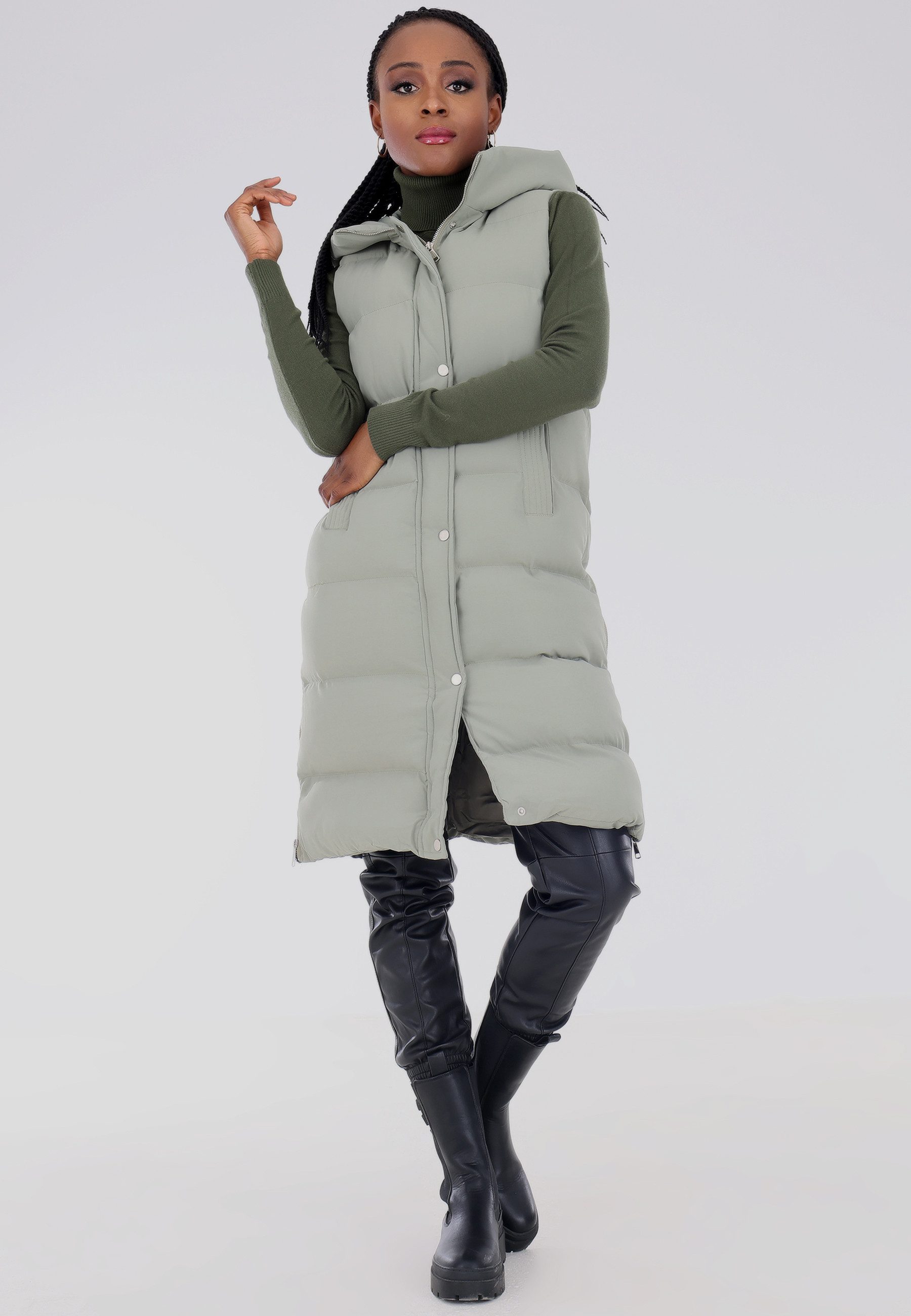 YC Fashion & Style Longweste Steppweste mit Kapuze in sportivem Look (Kein Set, 1 -tlg) in Unifarbe