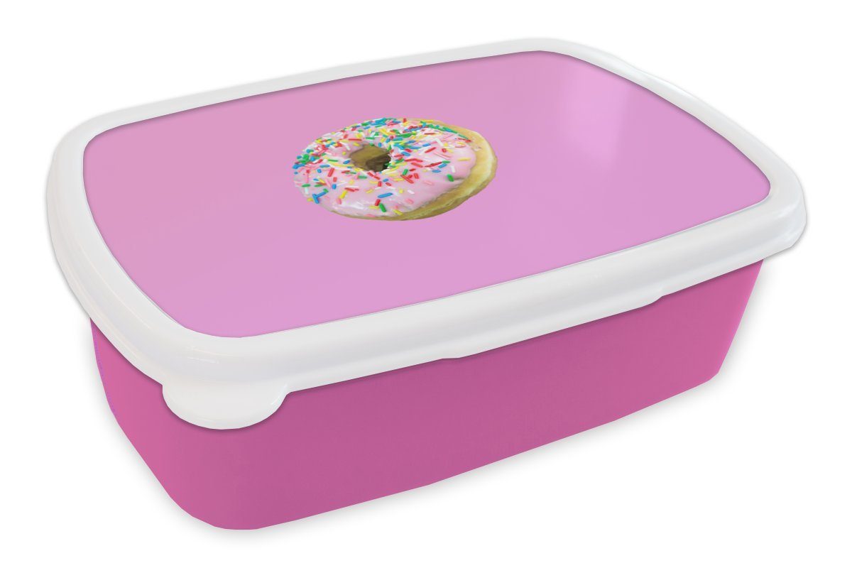 MuchoWow Donut Mädchen, (2-tlg), Topping, Lunchbox Kunststoff, Kinder, Brotdose Rosa für Kunststoff Erwachsene, Snackbox, mit Brotbox