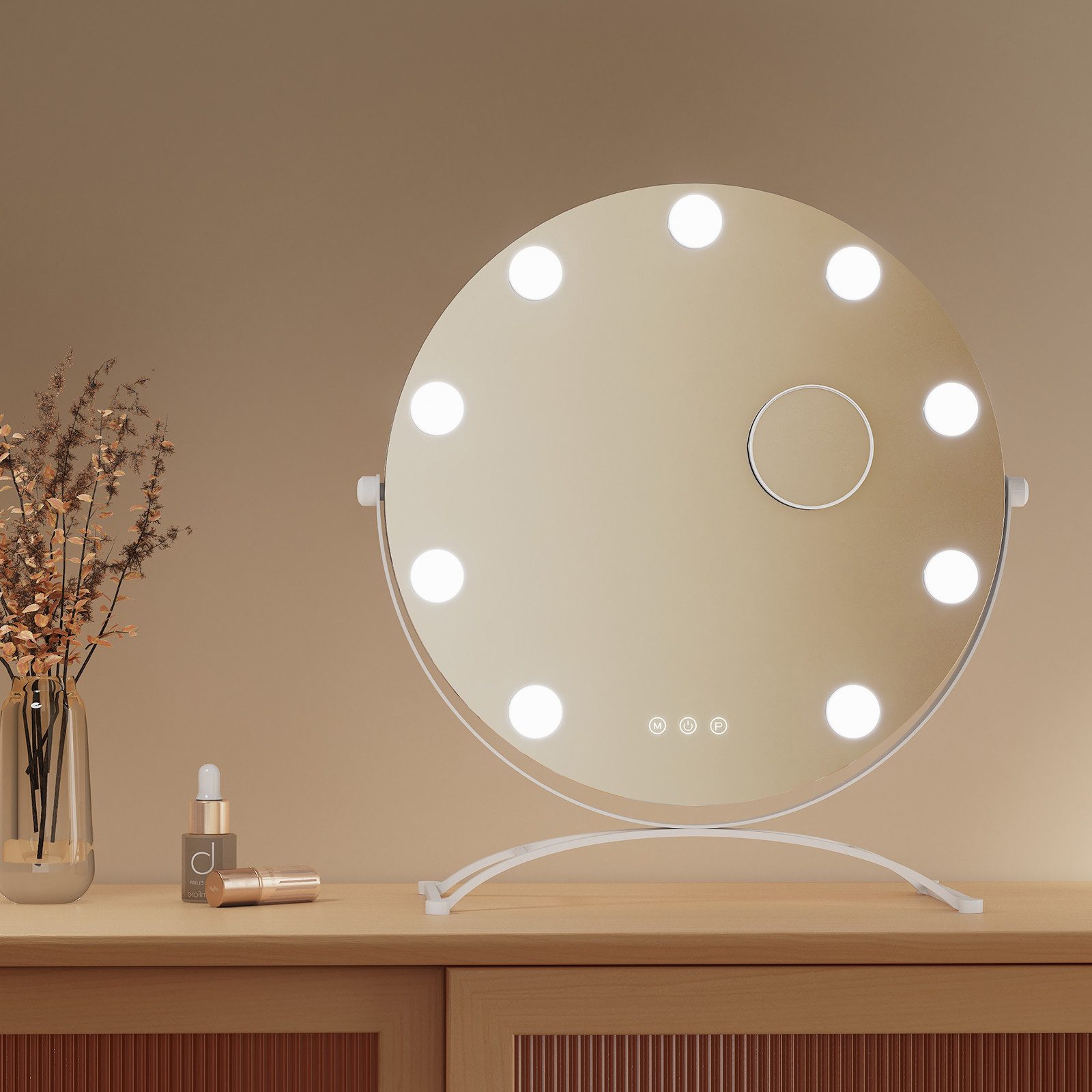 EMKE Kosmetikspiegel 1 Plus 1 Hollywood Spiegel mit Beleuchtung 7 x Vergrößerungsspiegel (Sternenlicht Serie), 3 Lichtfarben, dimmbar, Touch, Memory, 9 LED-Lampen, 360° neigbar