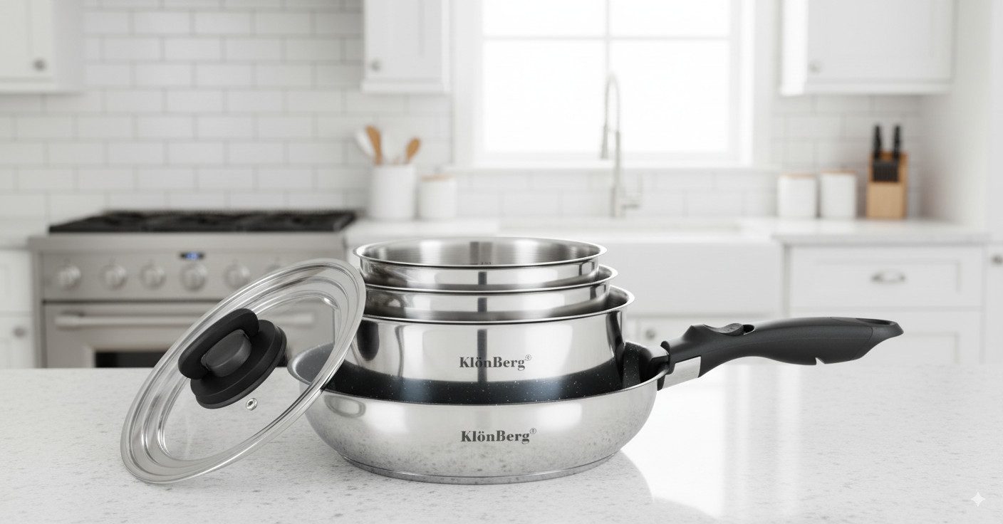 KlönBerg Topf-Set Eleganz & Qualität – Edelstahl-Kochset für jede Küche, Edelstahl 18/10, Edelstahl (Spare Platz, koche vielseitig und genieße höchste Qualität – das Ingenio Emotion Set ist dein perfekter Küchenbegleiter!, 6-tlg., Tolles Set aus Kasserollen und Pfanne in höchster Qualität)