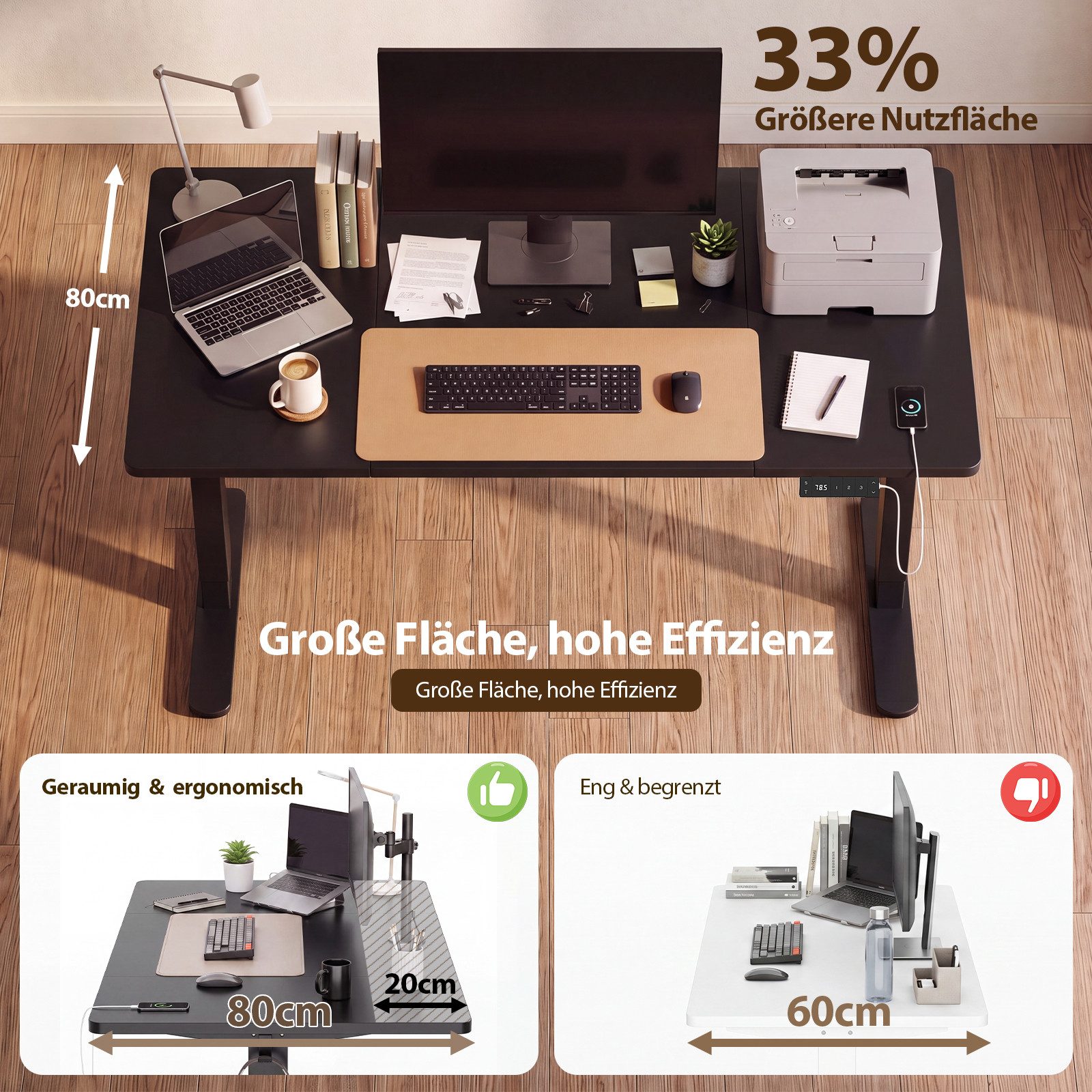 HOMALL Schreibtisch Höhenverstellbarer Schreibtisch mit 3 Höhen-Speicherfunktionen (Mehrere GrdBen 120/140/160/180/200 cm mit 1 USB-Ladanschlus Tischplate mit einerTiefe von 80 cm Der Tisch besteht aus ver Tischplaten)