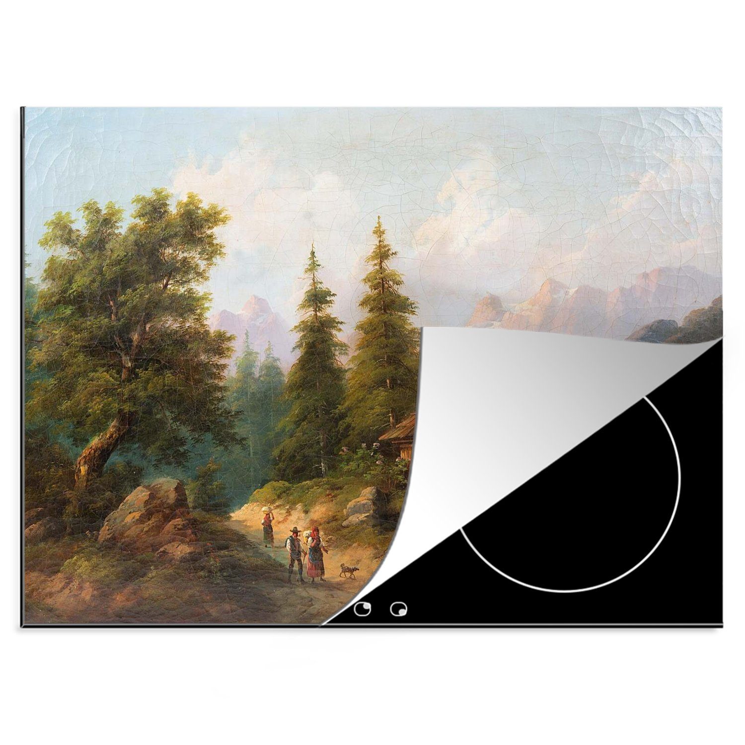 MuchoWow Herdblende-/Abdeckplatte Bayerische Landschaft mit drei Wallfahrern und einem Hund - Gemälde, Vinyl, (1 tlg), 70x52 cm, Mobile Arbeitsfläche nutzbar, Ceranfeldabdeckung