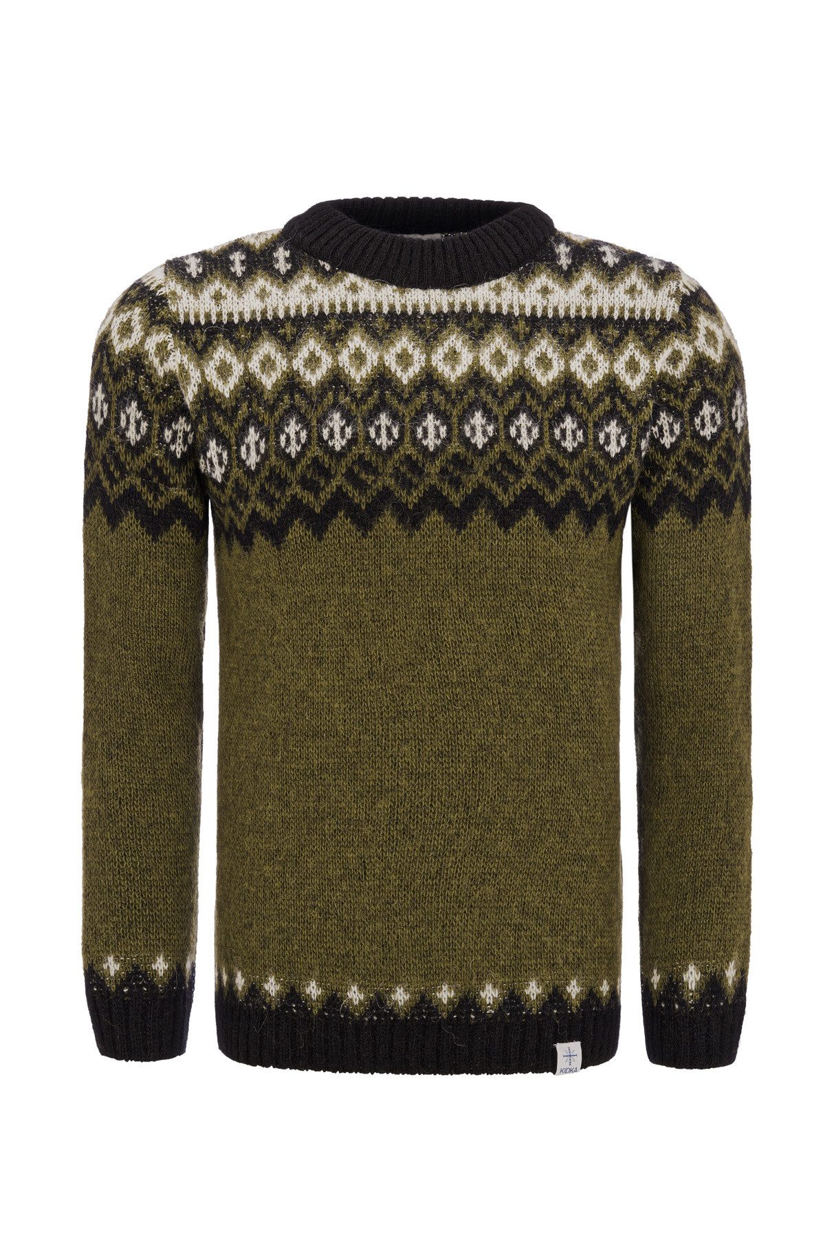 KIDKA Wollpullover Isländischer Strickpullover für Damen / Herren - Farbe grün / schwarz - aus rauer isländischer Wolle