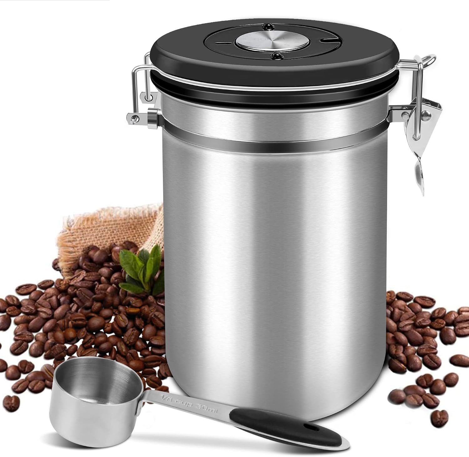 LEMLIT Kaffeedose 1,8 L Kaffeebehälter Edelstahl Luftdicht, Kaffeedose Für Bohnen, 304 Edelstahl, (1er Set, 1-tlg., Produktmaße: 18,6 x 11,8 x 11,8 cm), Mit CO₂-Ventil, Datumsanzeige Und Messlöffel