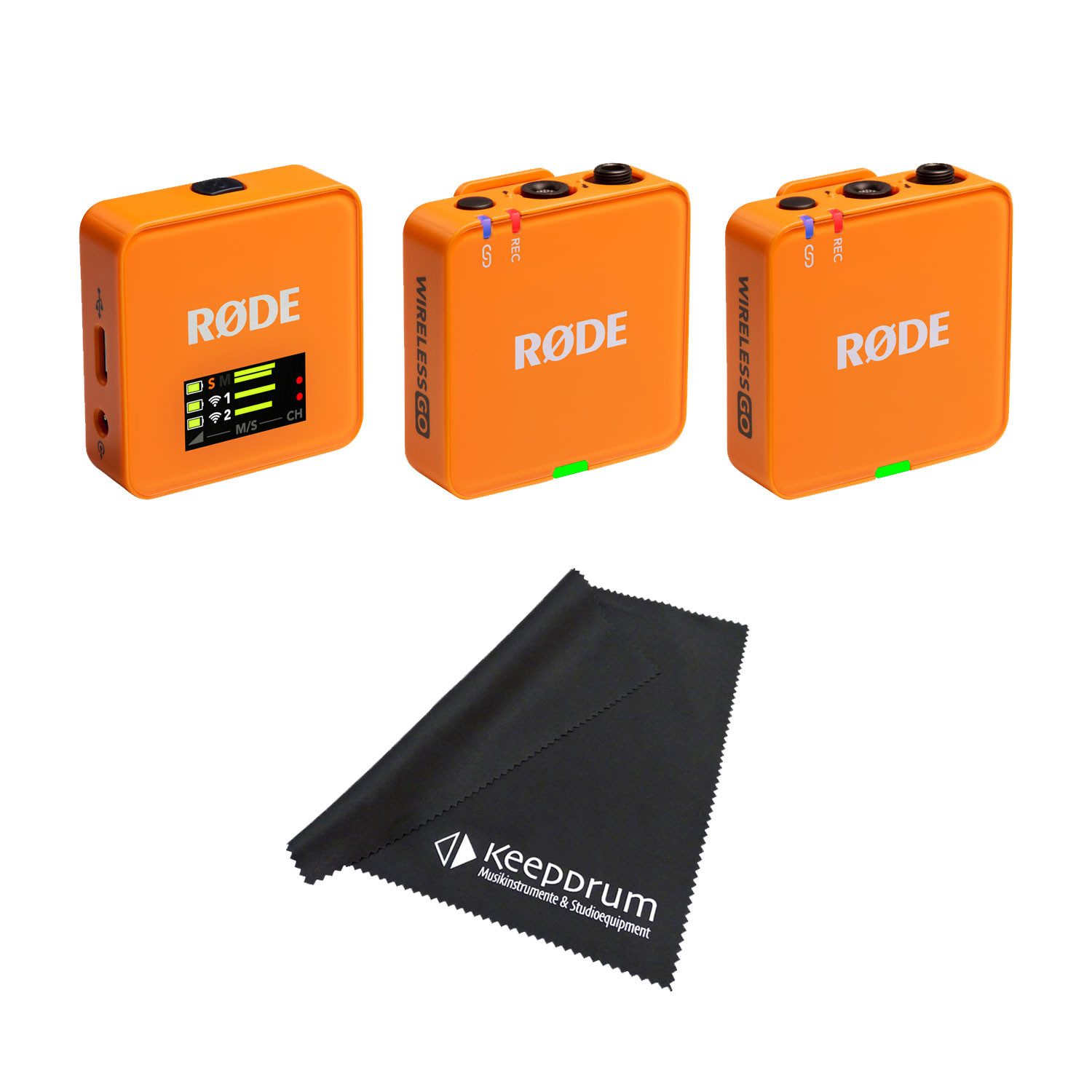 Rode Mikrofon-Funksystem Wireless GO Gen 3 Orange mit Tuch Digitales Aufnahmegerät