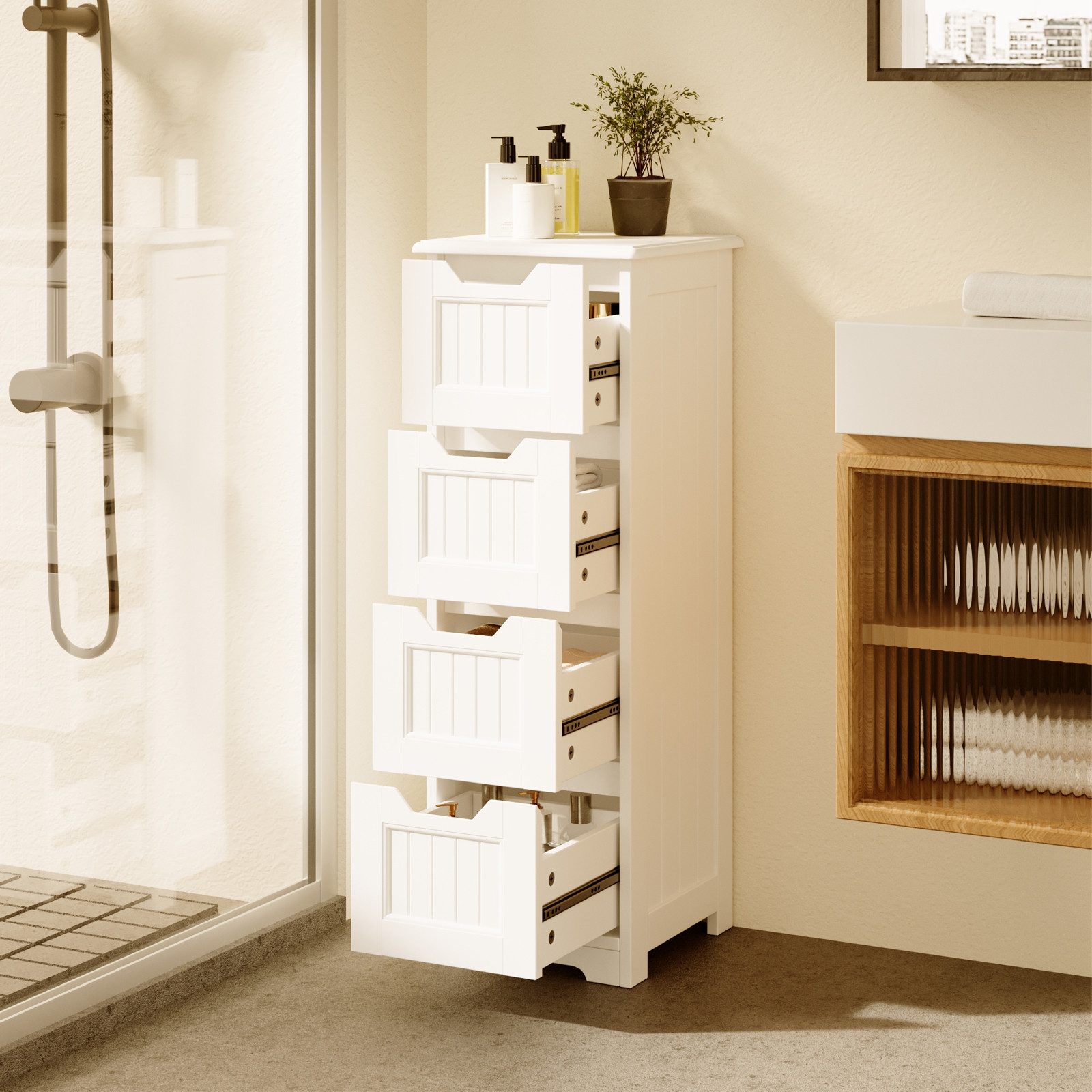 Bealife Badezimmer-Set Badezimmerschrank mit 4 Schubladen, holz, weiß, 30x30x82 cm (TxBxH)