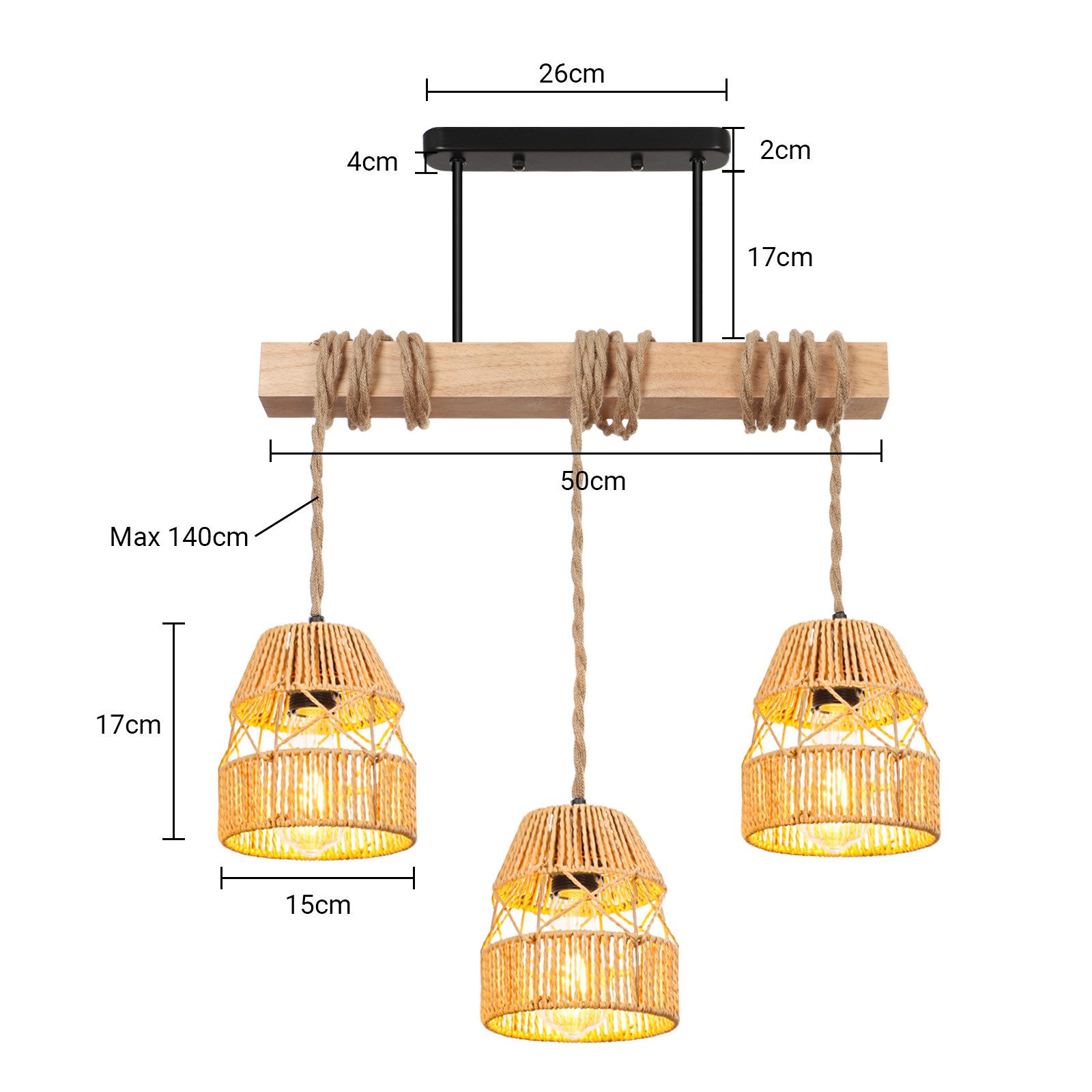 Rosnek Hängeleuchten 3-flammige Rattan Pendelleuchte 40 W – Höhenverstellbar, E27 Lampe, Halogen, Farmhouse Kronleuchter für Kücheninsel, Esszimmer oder Wohnbereich