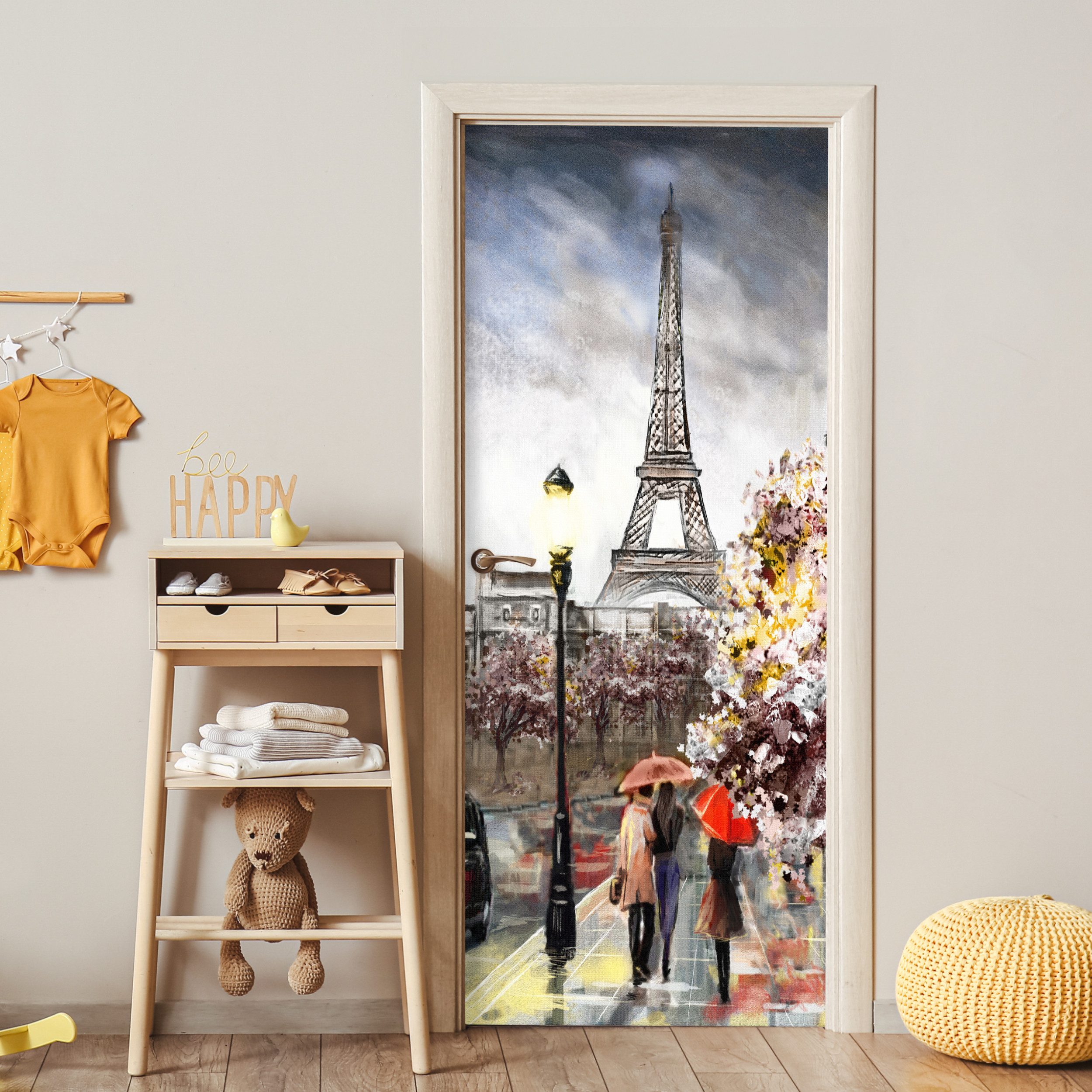 MuchoWow Türtapete Gemälde - Paris - Frankreich - Öl, Matt, bedruckt, (1 St), Selbstklebende Tapete, Folie für Möbel, 75x205 cm