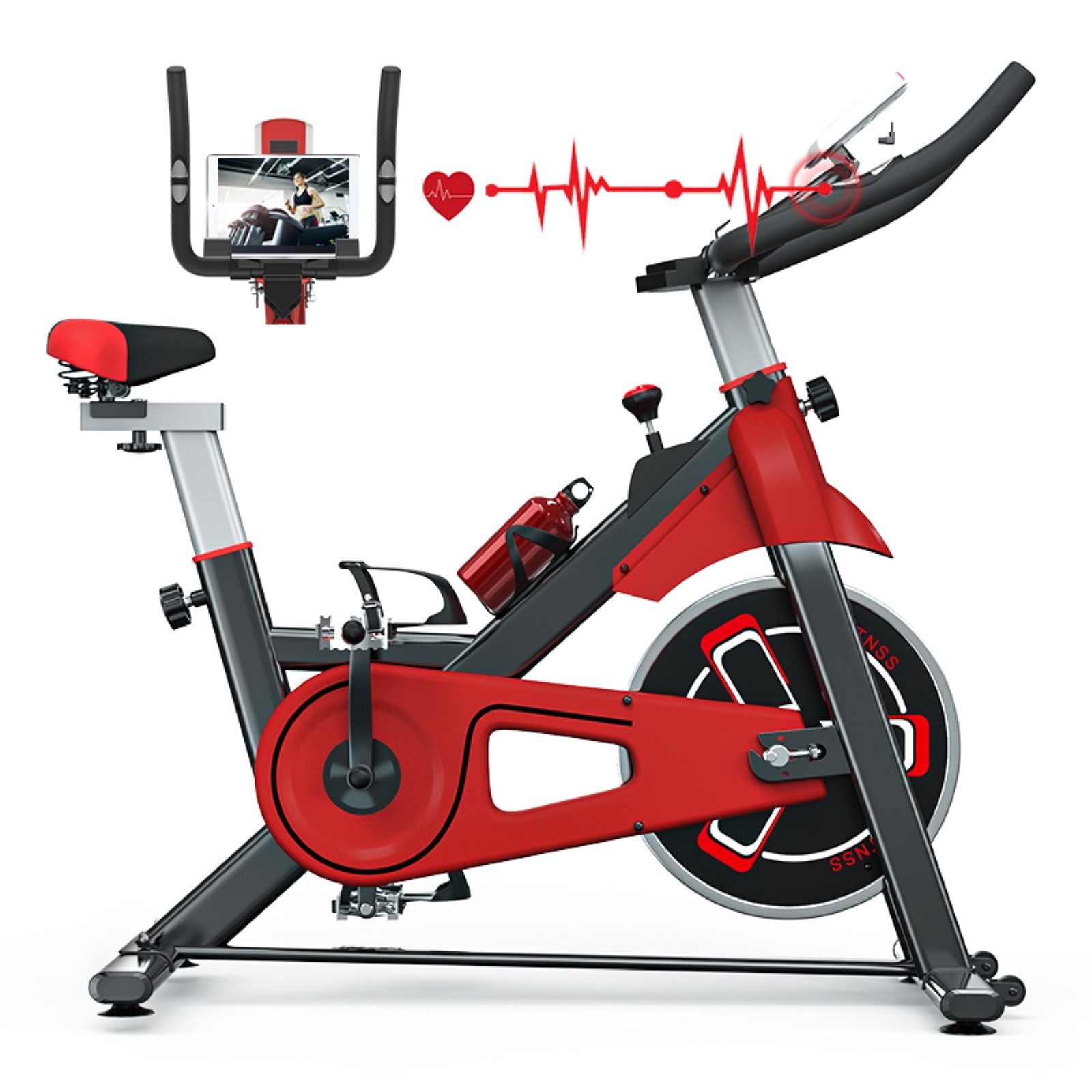 BIGZZIA Heimtrainer Indoor-Cycling-Fahrrad mit schlankem Schwungrad (mit Trinkflasche), mit LCD-Anzeige, bequemem Sitz, Spin-Bike