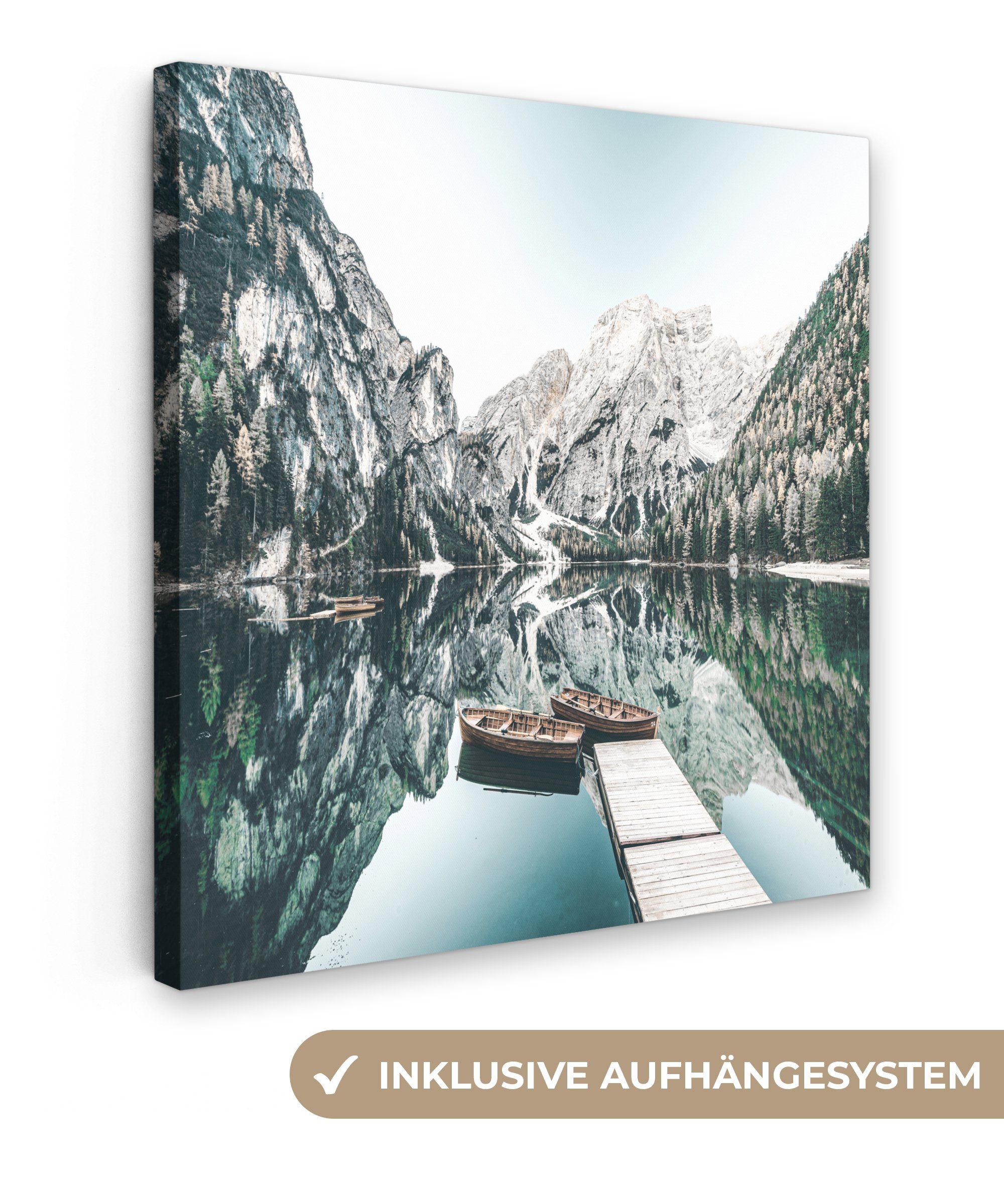 OneMillionCanvasses® Leinwandbild Landschaft - Boot - Winter - Berge, (1 St), Leinwand Bilder für Wohnzimmer Schlafzimmer, 20x20 cm