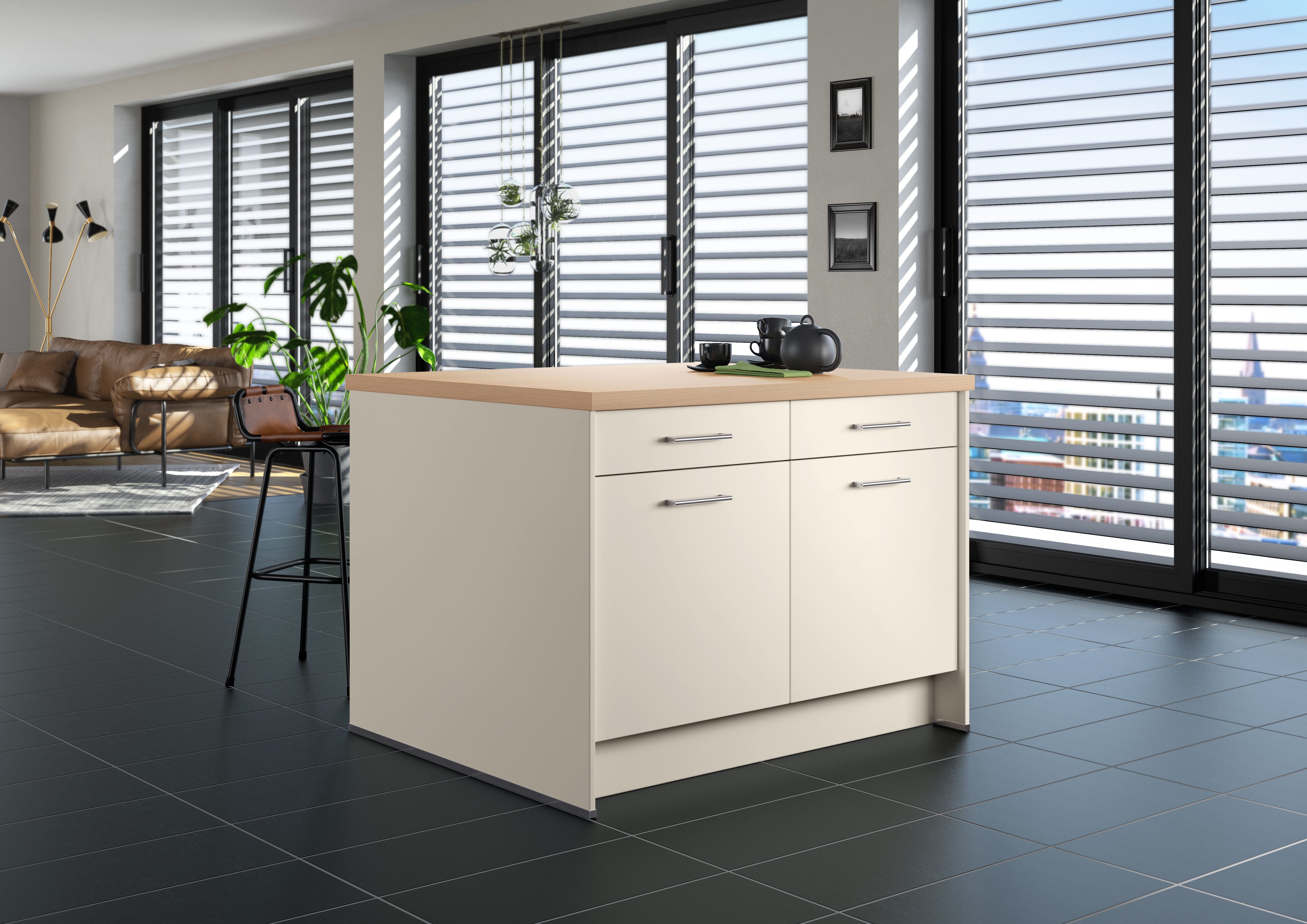 IMPULS KÜCHEN Kücheninsel Kopenhagen, flexibel stellbar, Schubkästen mit Soft-Close, (Set), vormontiert, mit integriertem Sitzplatz auf einer Seite, Breite 123 cm