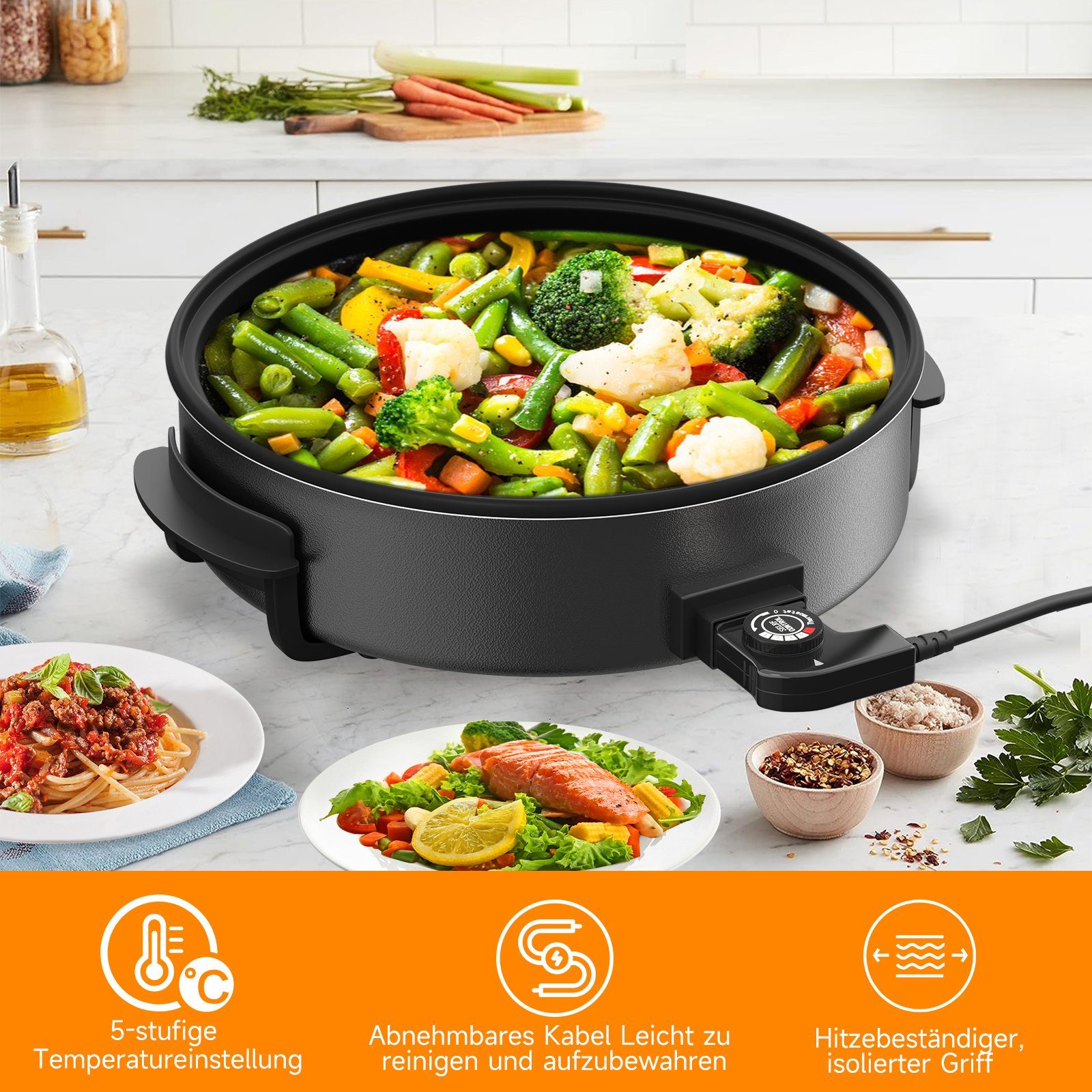 Scheffler Elektrische Pfanne Elektrische pfanne 30/40cm Elektrisch Pizzapfanne mit decke, 1500,00 W, mit Antihaftbeschichtet,5 Einstellbare Temperaturen, 5L/8L/13L