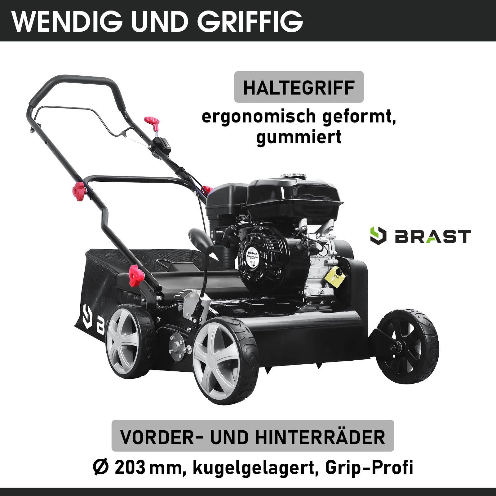 BRAST Benzin-Vertikutierer / Lüfter 4,5kW (6,12PS), 4-Takt Motor 212ccm, 45 cm Arbeitsbreite, TÜV geprüft, 50L Fangkorb