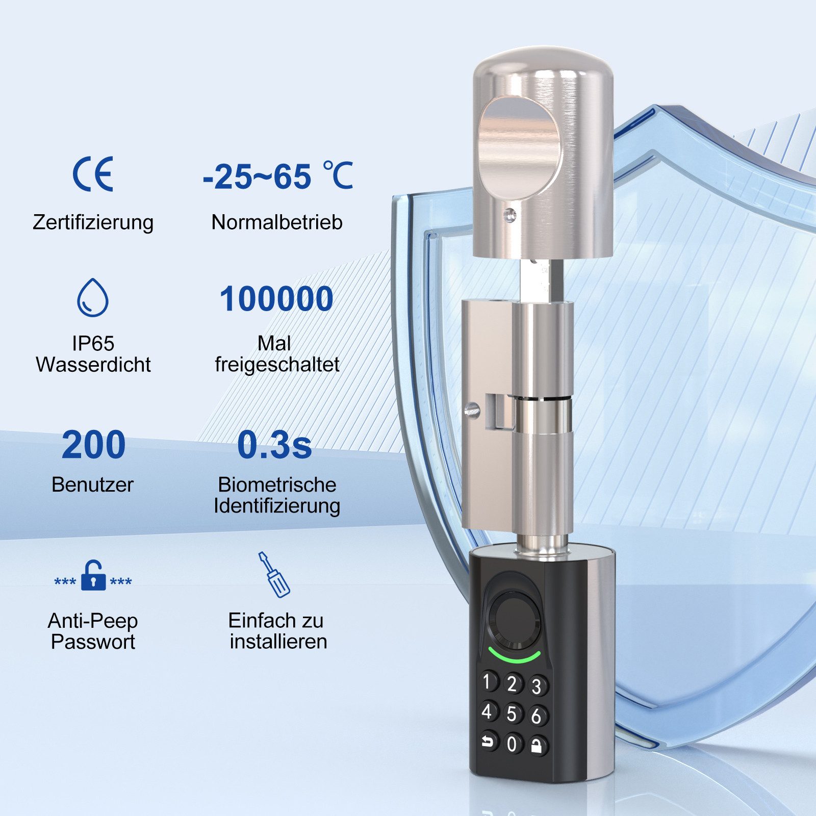 WE.LOCK Schließzylinder WELOCK Türschloss Fingerabdruck TOUCAKEY71 für 60-90 mm Türen, (Packung, Türschloss x1, RFID-Karte x3, Schlüssel x2, Anleitung x1,Zubehörbox x1), Fingerabdruck, Dauer-/Temp-Passwort, RFID, App, Schlüssel, Fernöffnung