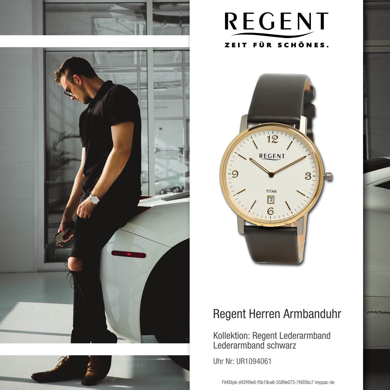 Regent Quarzuhr Regent Herren groß Analog, (ca. Armbanduhr 39mm) Gehäuse, rundes Lederarmband Herrenuhr extra schwarz