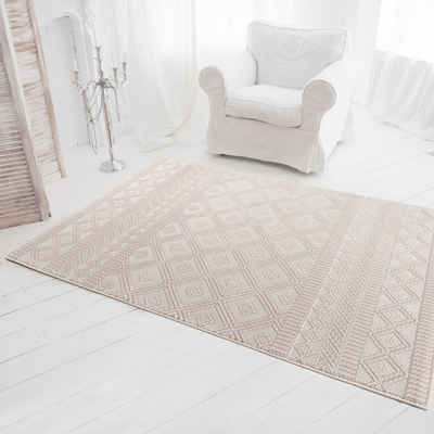 Teppich Kurzflor Designer Teppiche Boho Beige, Mynes Home, Wohnzimmer, 3D Hoch-Tief-Struktur, Höhe: 11-13 mm, rechteckig