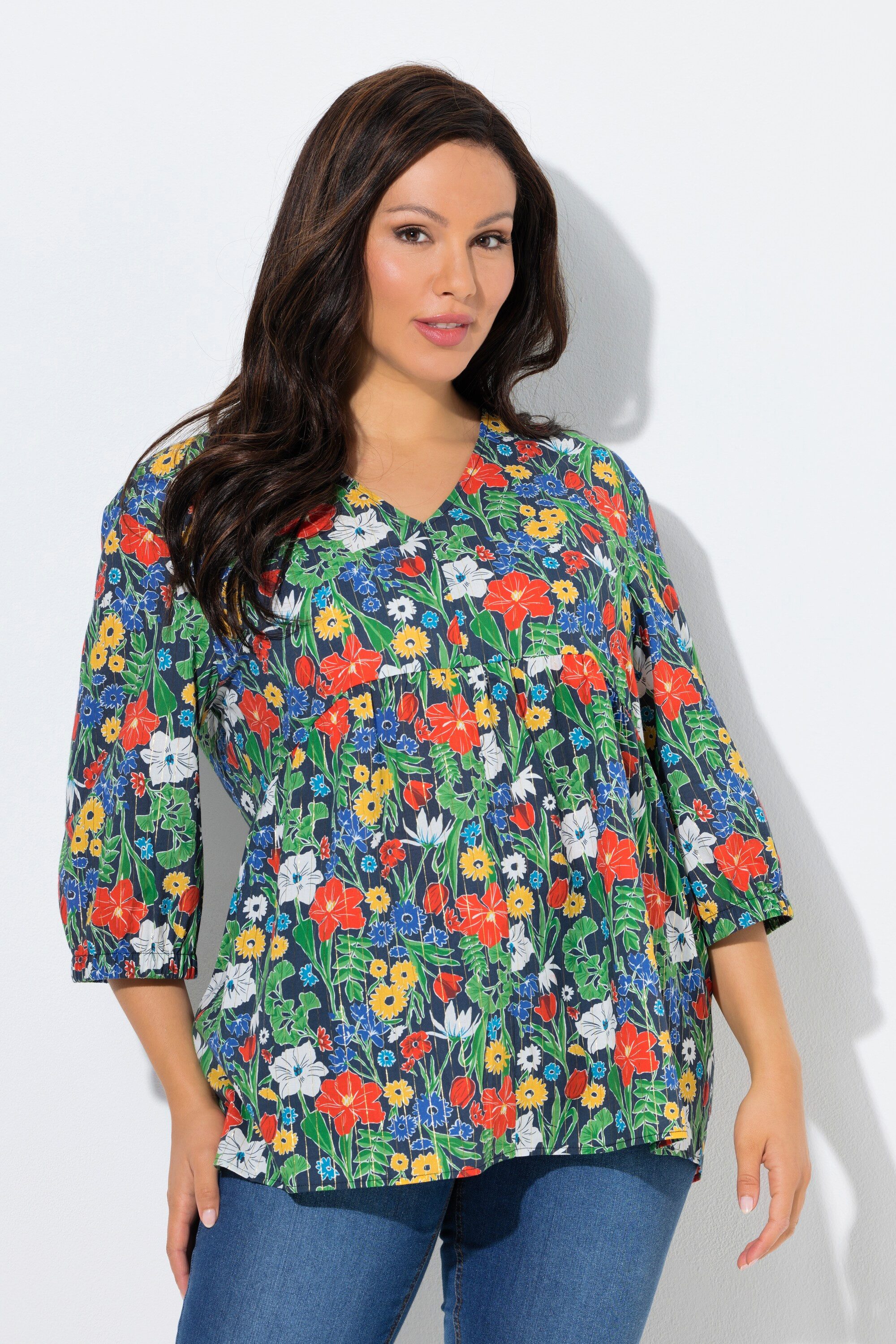 Ulla Popken Tunika Bluse Glitter Blüten A-Linie V-Ausschnitt 3/4-Arm