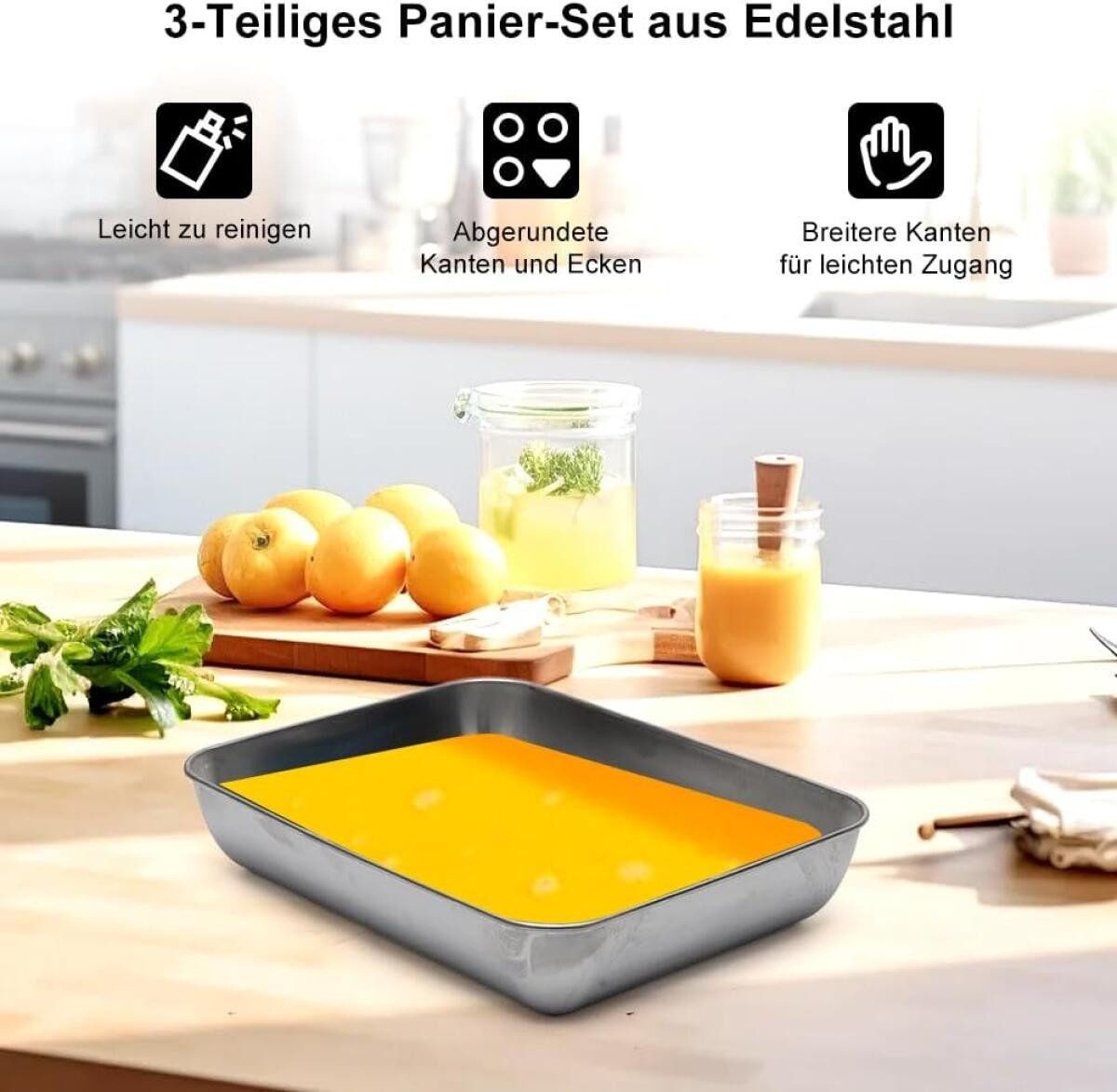 FELIXLEO Brotschale 3-teilig Panierschalen Set Edelstahl Rechteckig zum Panieren mit Clip, (1-tlg)