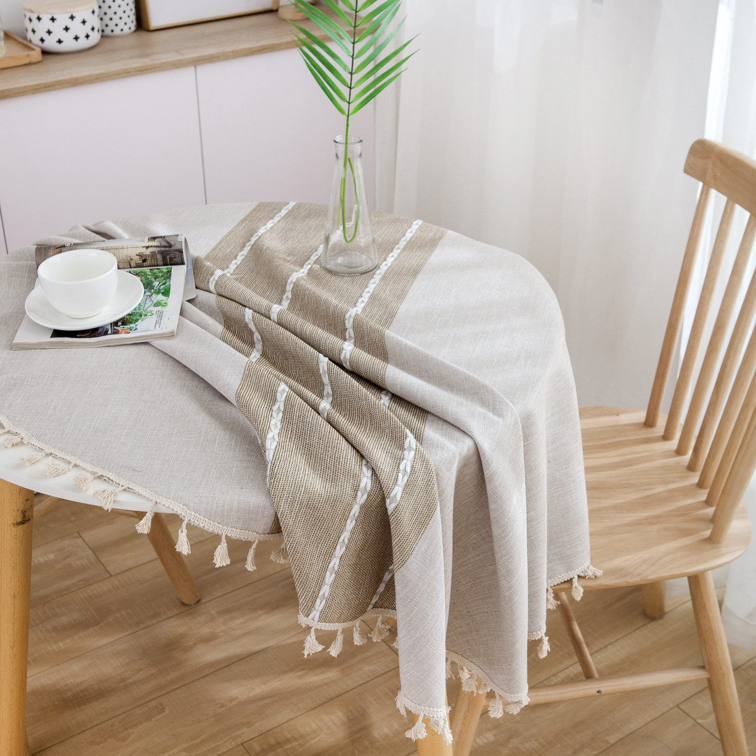 FELIXLEO Tischdecke Tischdecke Rund 140 cm Abwaschbar Baumwolle Staubdicht Tischtuch – Bild 4 von 5