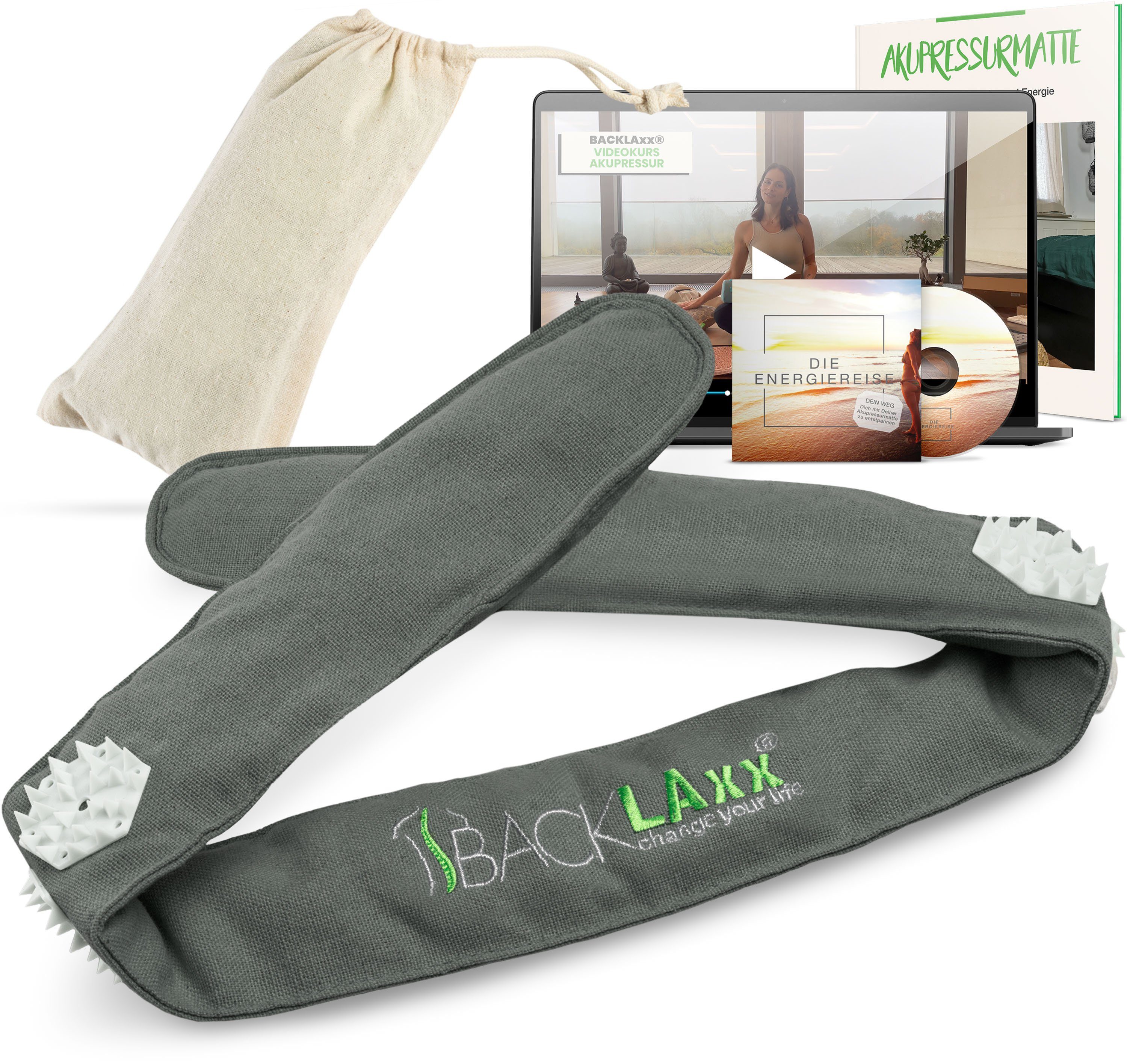 BACKLAxx® Massagegerät Akupressur Stirnband, Kopfband, Kopfmassagegerät mit Tasche zur Kopfmassage, Intensitätsregulierung durch Klettverschluss