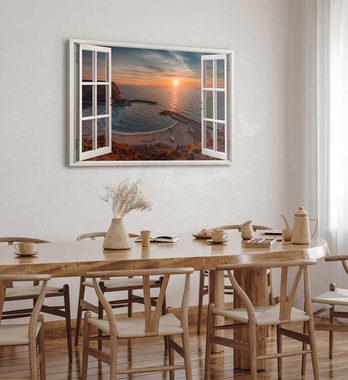 Sinus Art Leinwandbild Wandbild 120x80cm Fensterbild Sonnenuntergang Horizont Meer Küste Stra, (1 St)