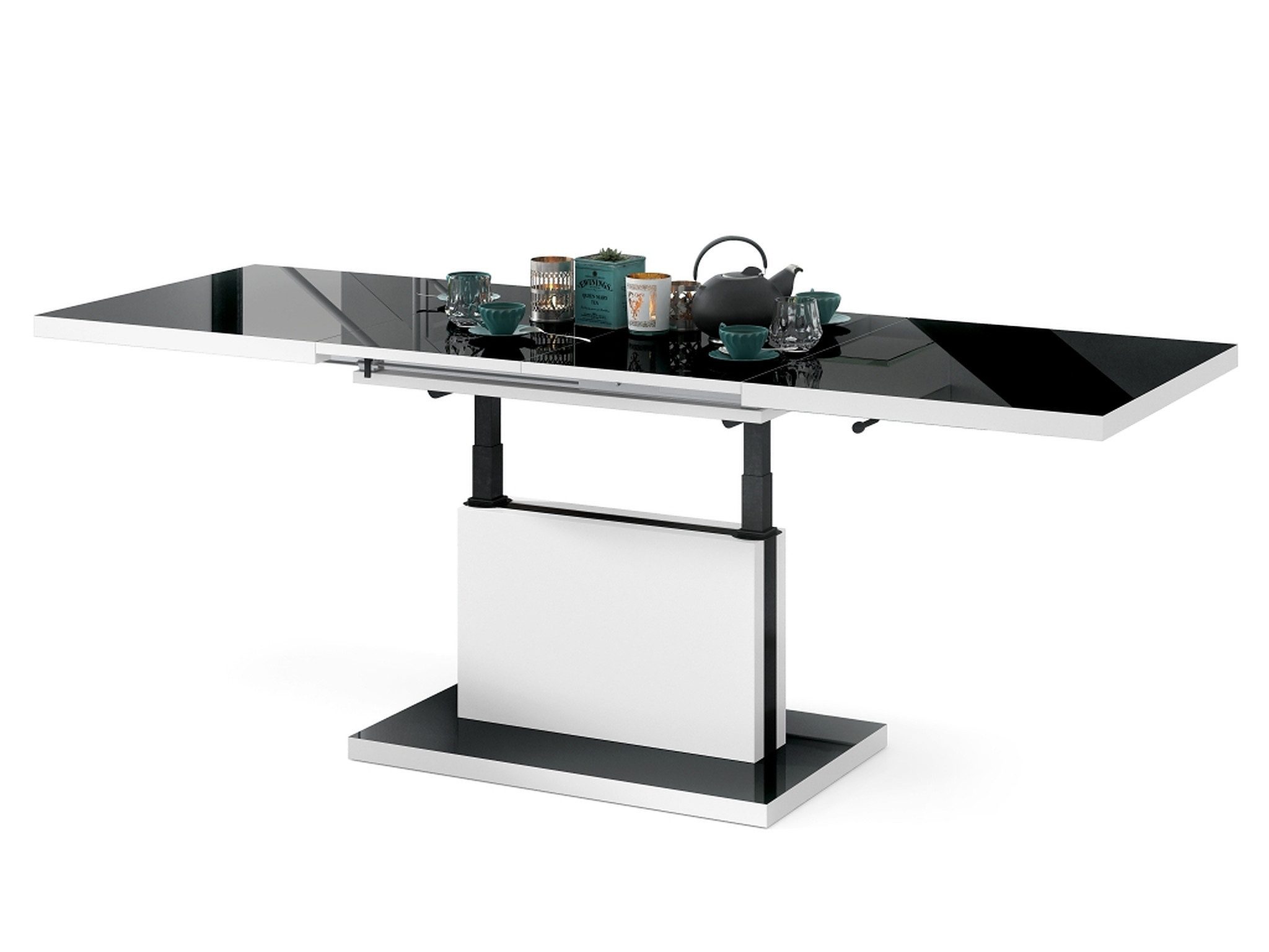 Mazzoni Couchtisch Aston Schwarz Hochglanz-Weiß matt höhenverstellbar ausziehbar 120-200, Funktionstisch, Wohnzimmertisch, Tisch, Esstisch, Sofatisch