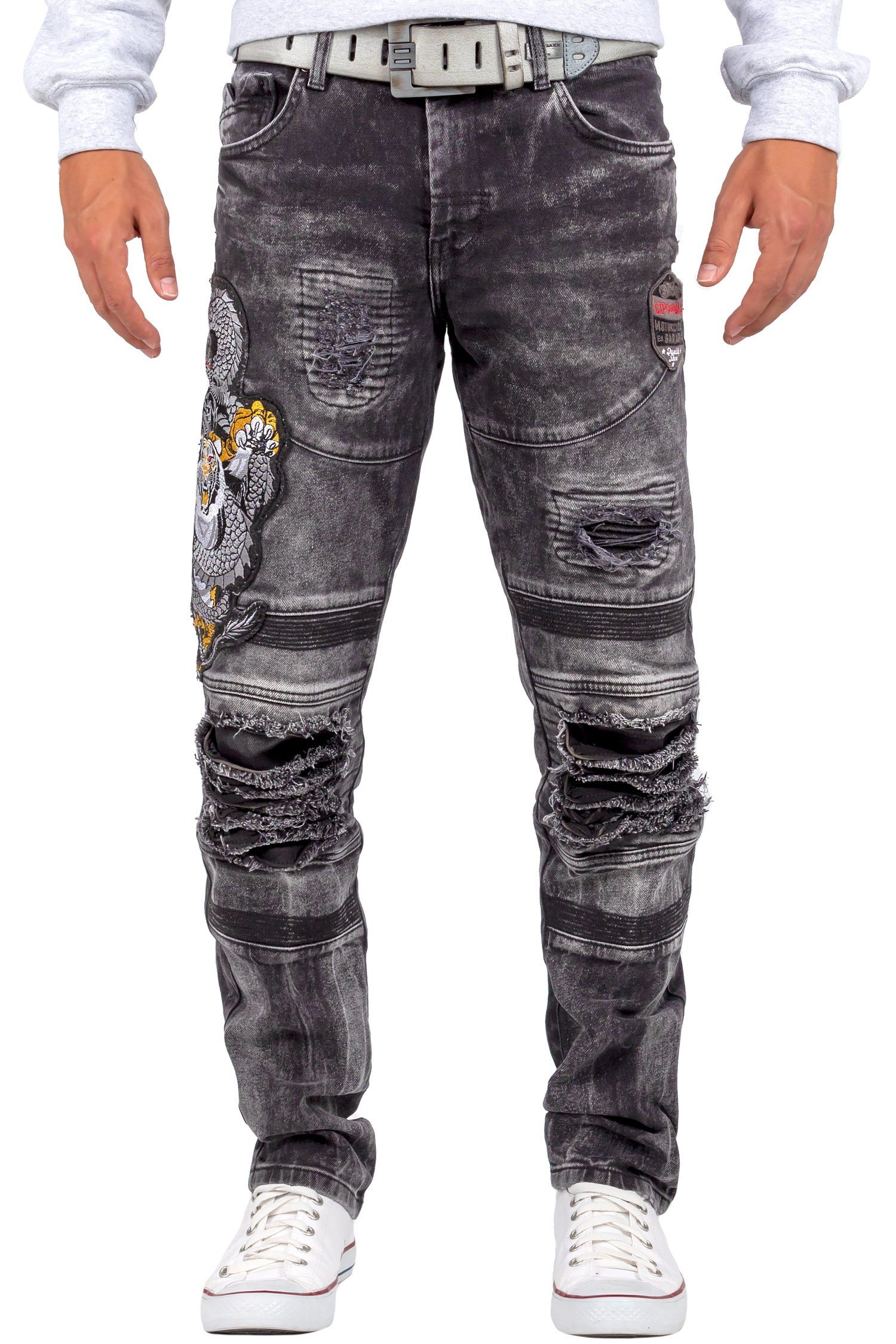 Cipo & Baxx Bikerjeans Freizeit Hose BA-CD486 mit Tiger Drachen Patch am Oberschenkel