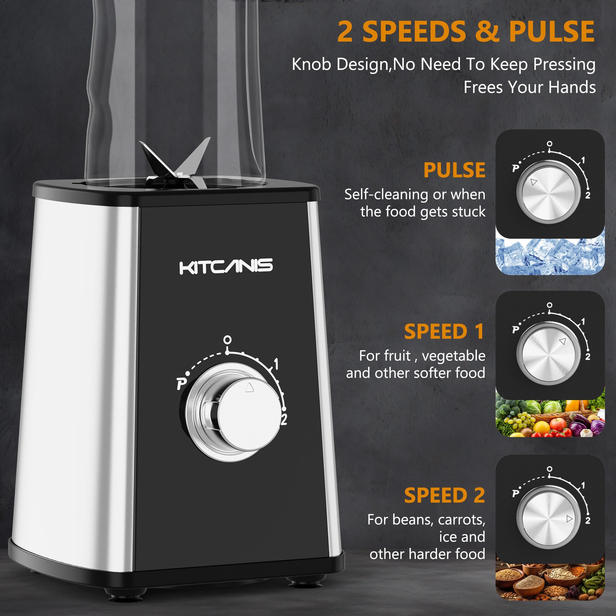 Kitcanis Standmixer 3-in-1 Mixer Smoothie Maker Schleifen & Milchshake 35.000 U/min, 500 W, 2 Arbeitsscheiben mit Messern, freie tragbare Wasserflasche