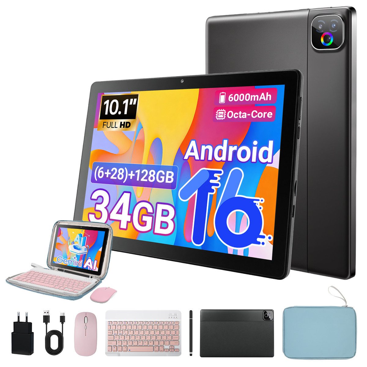 Happybe 10,1 Zoll, Android 16, 34(6+28)GB+128GB, WiFi 6 mit Gemini AI Tablet (10.1", 128 GB, Android, Octa-Core, 6000 mAh)