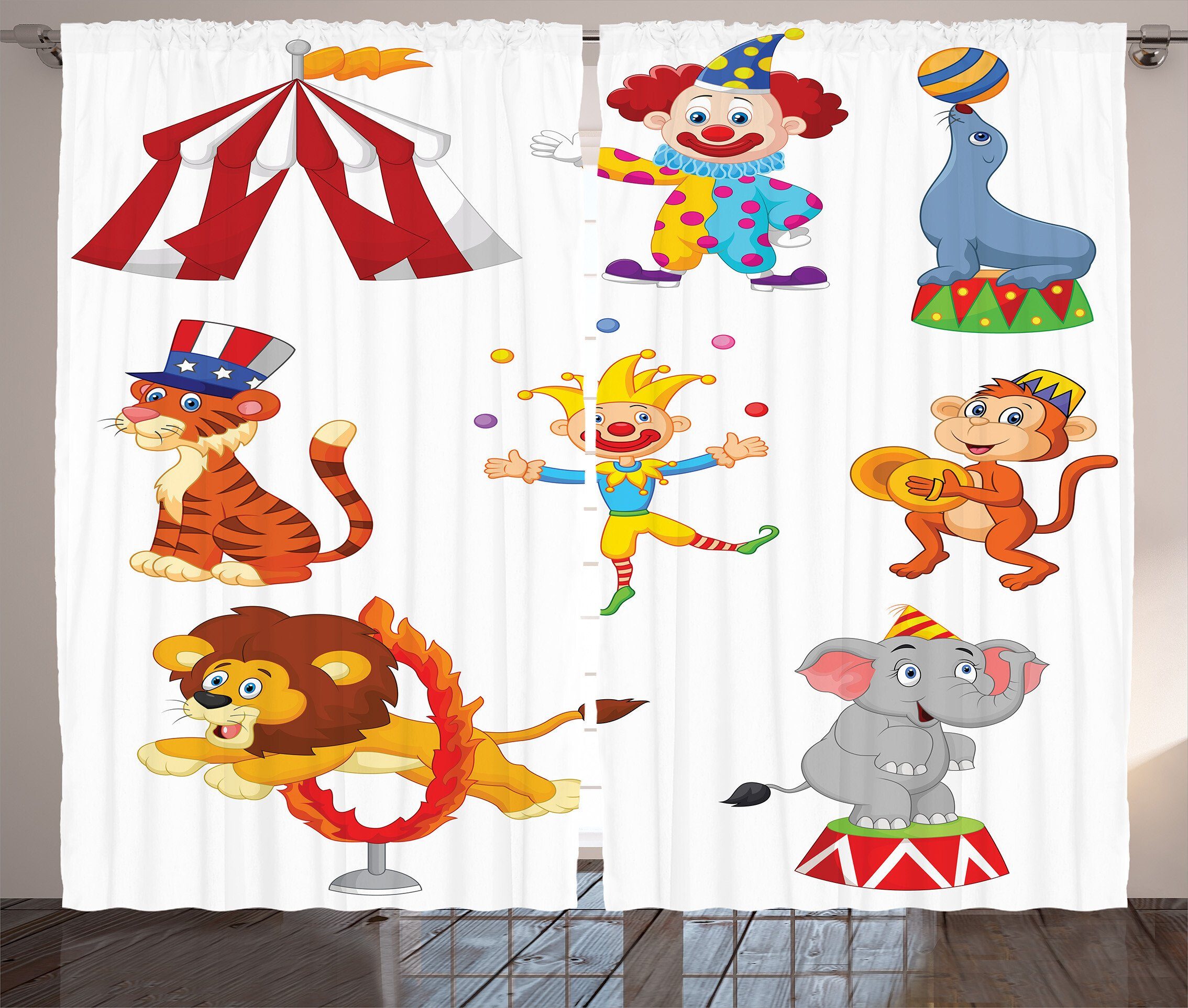 Abakuhaus, Kräuselband Schlafzimmer Zirkus Karikatur Vorhang Tiere und Schlaufen mit Gardine Wilde Haken,